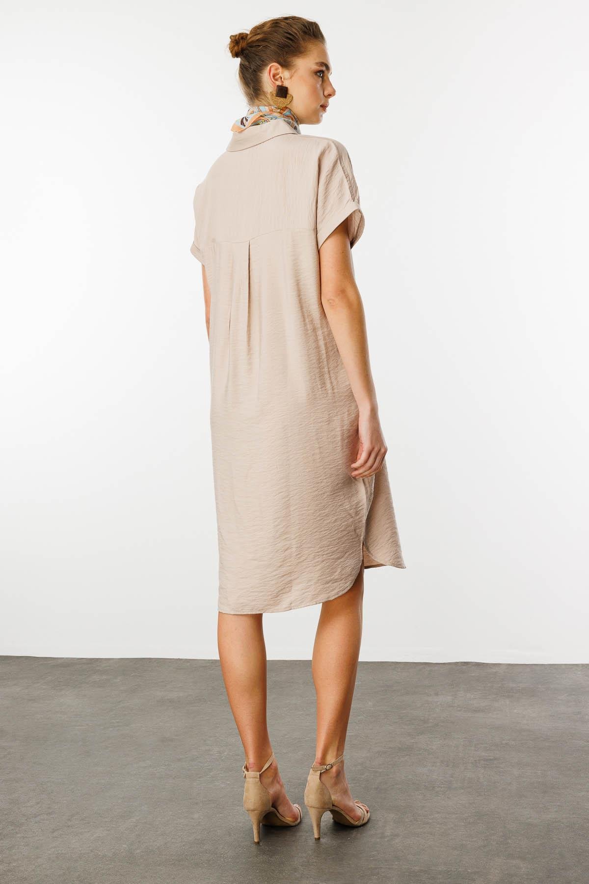 25819Kadın Polo Yaka Cebi Zincir Detaylı Elbise Taş