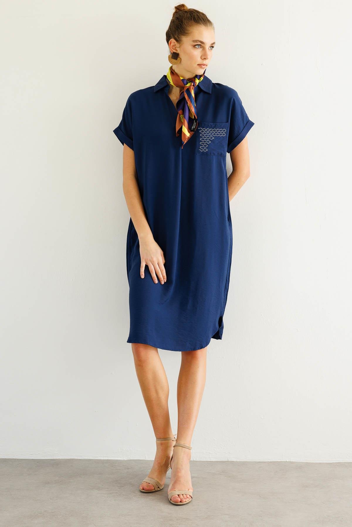 25819Kadın Polo Yaka Cebi Zincir Detaylı Elbise Lacivert