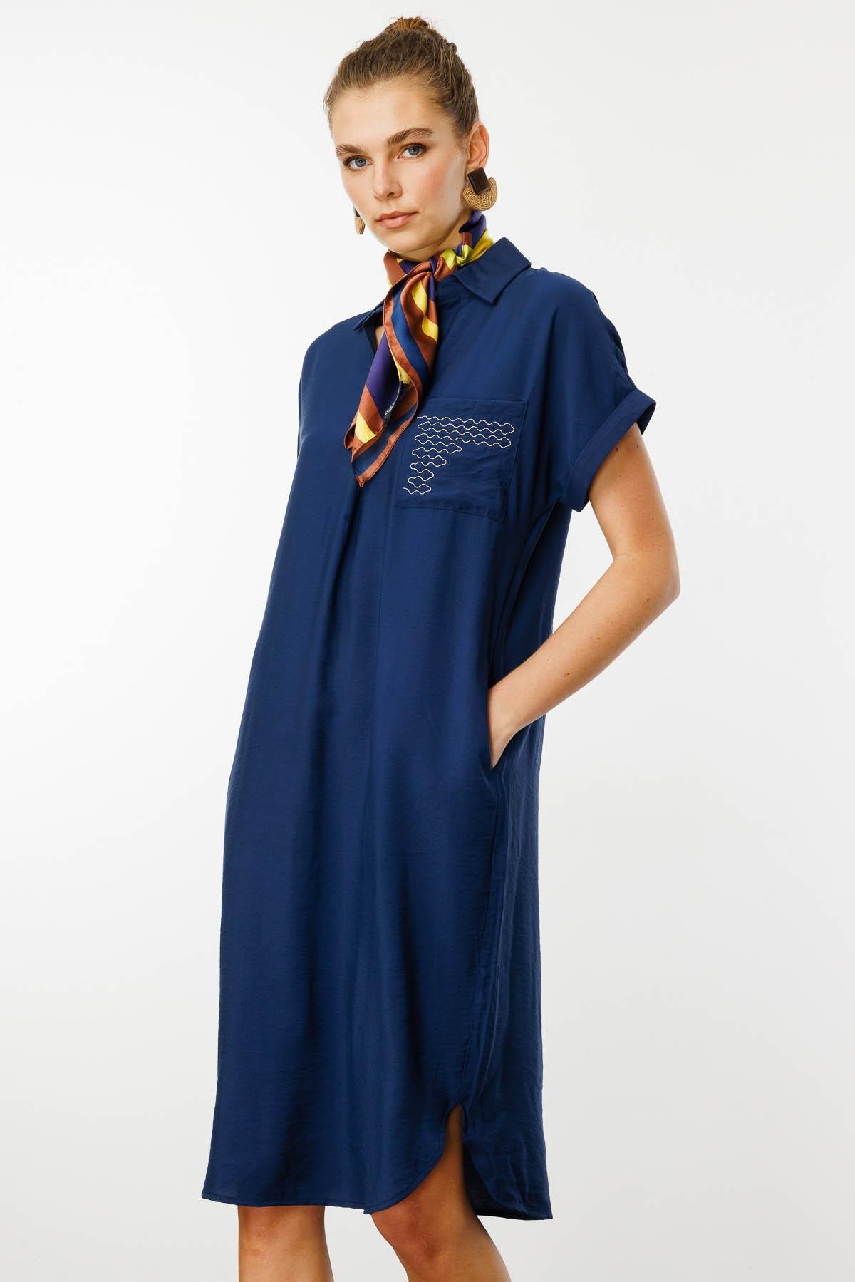 25819Kadın Polo Yaka Cebi Zincir Detaylı Elbise Lacivert