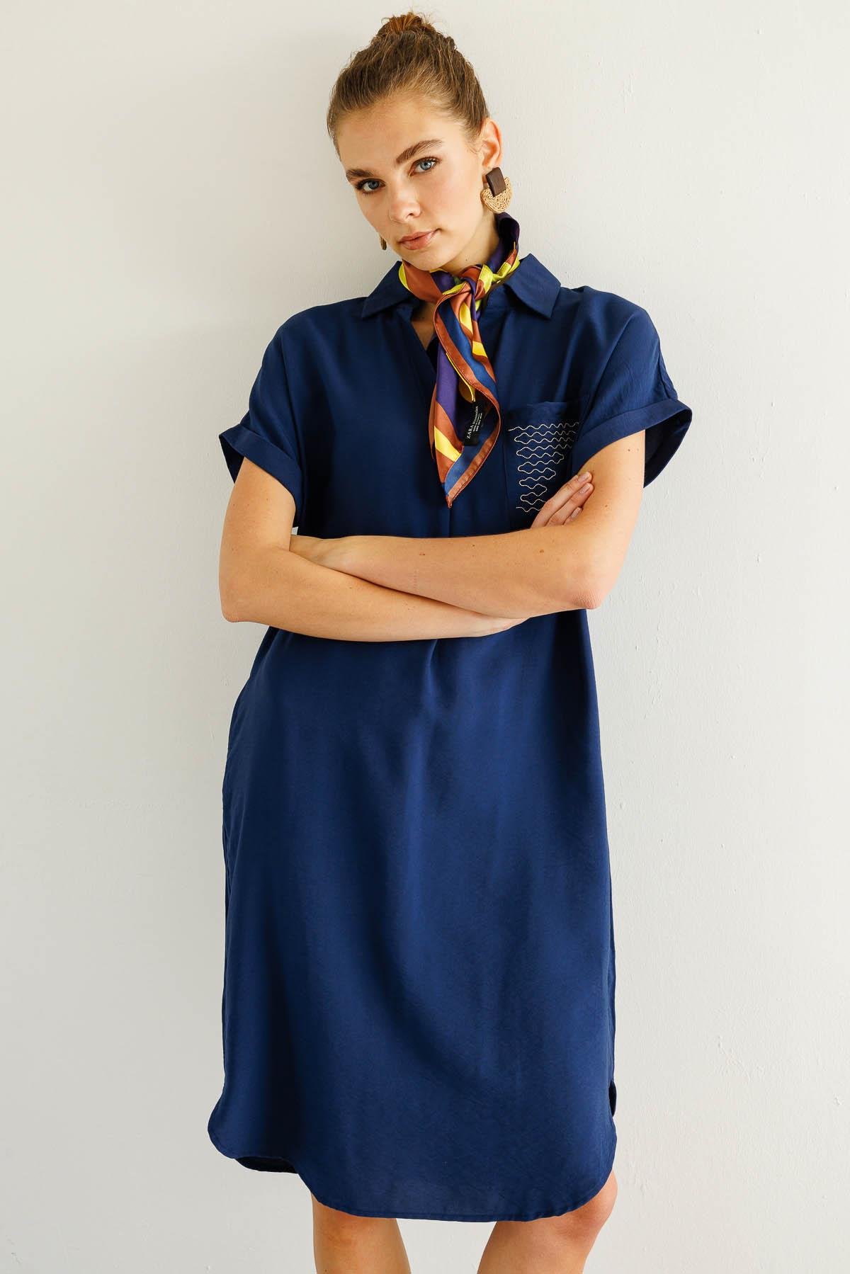 25819Kadın Polo Yaka Cebi Zincir Detaylı Elbise Lacivert