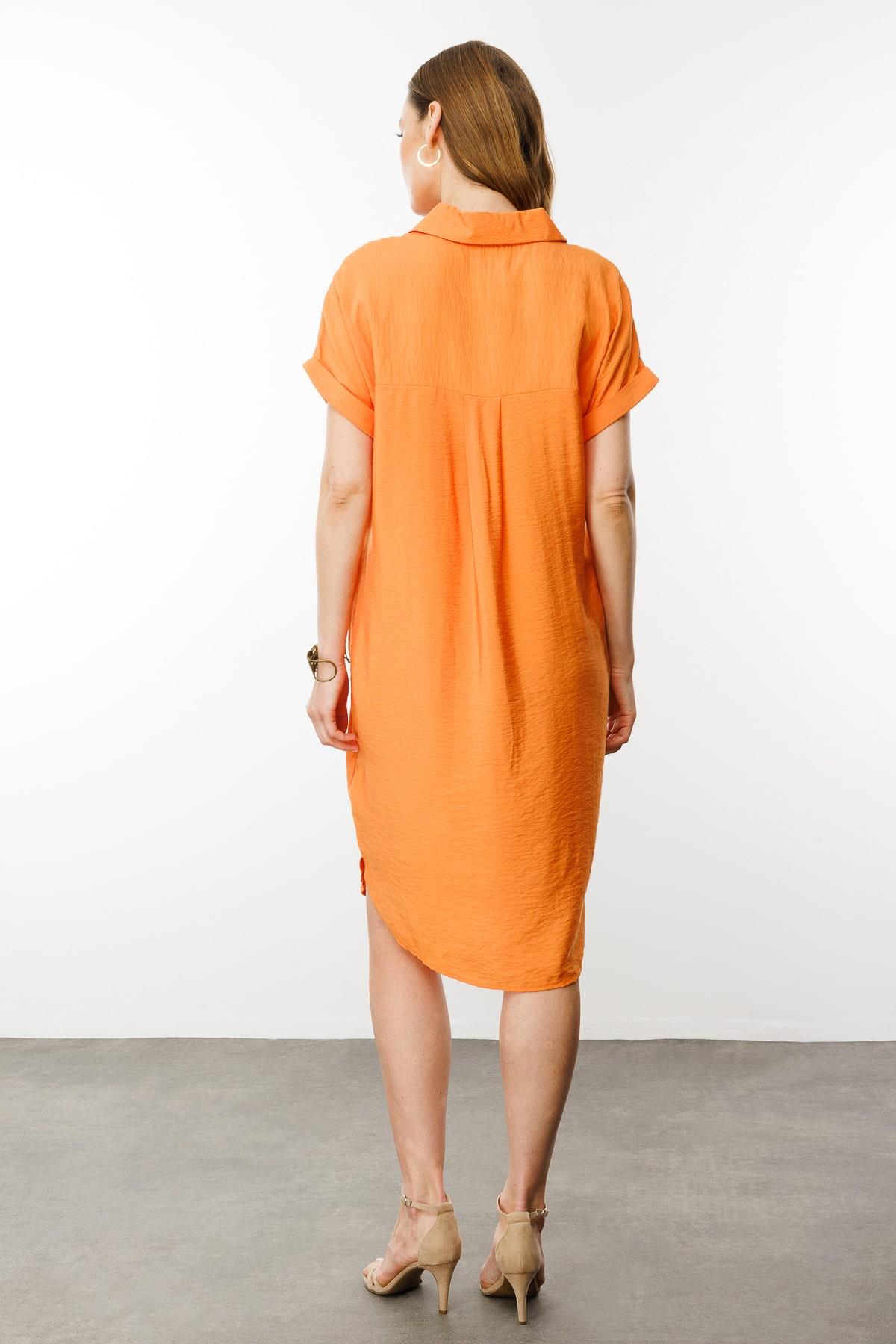 25819Kadın Polo Yaka Cebi Zincir Detaylı Elbise Oranj