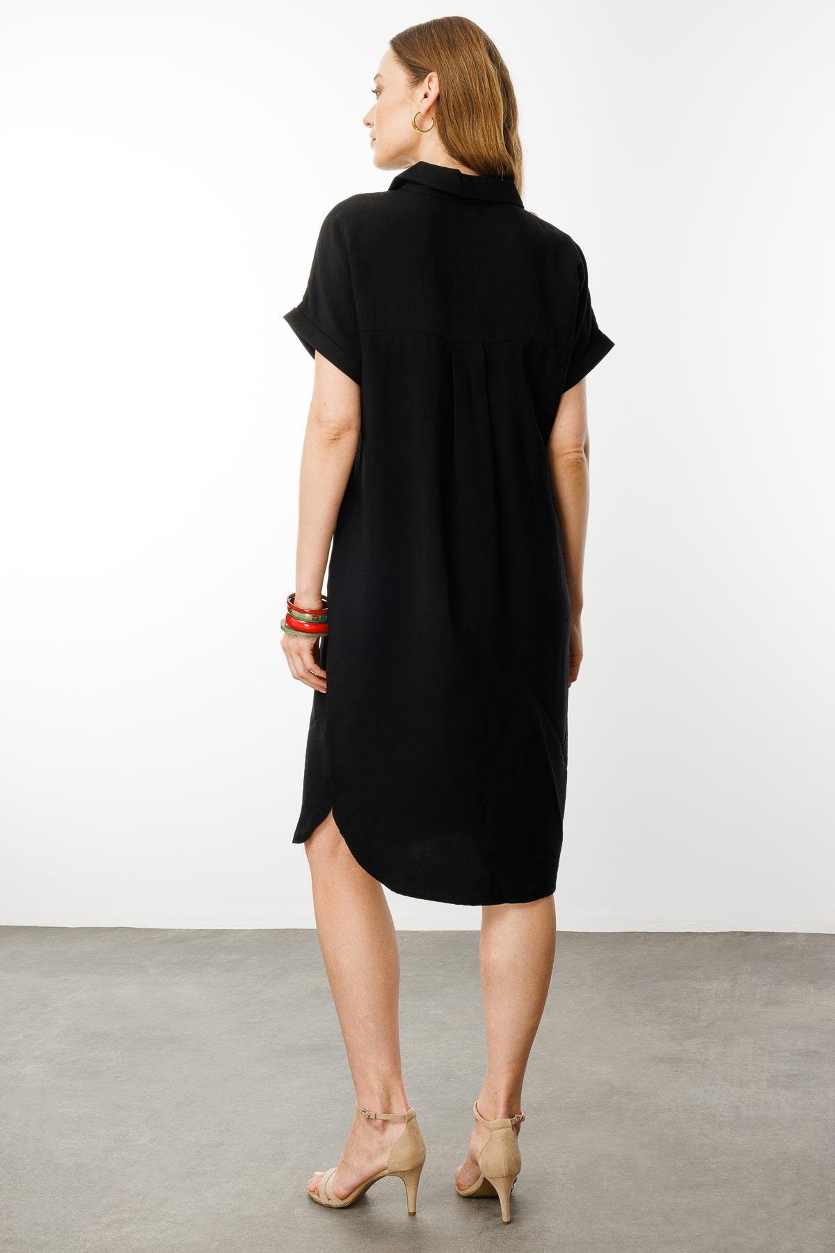 25819Kadın Polo Yaka Cebi Zincir Detaylı Elbise Siyah