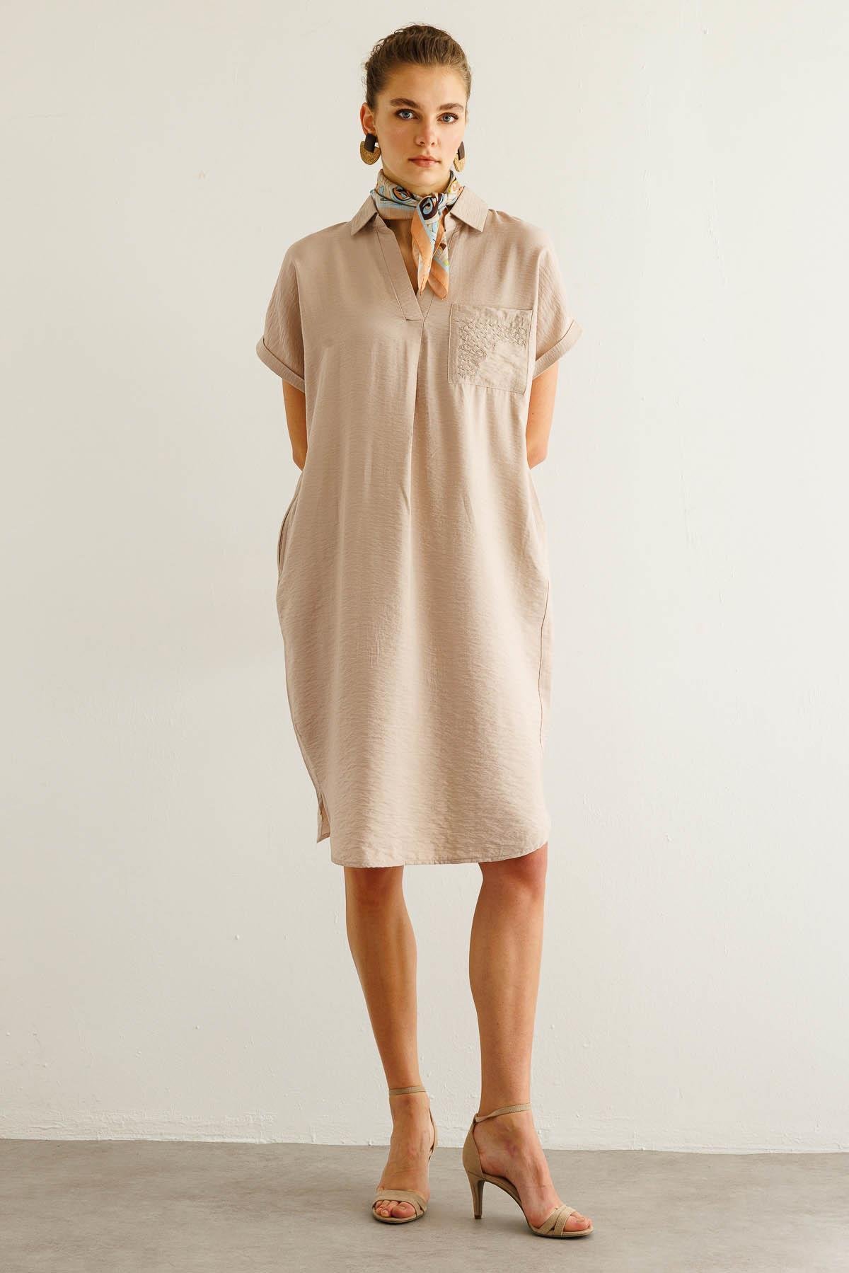 25819Kadın Polo Yaka Cebi Zincir Detaylı Elbise Taş