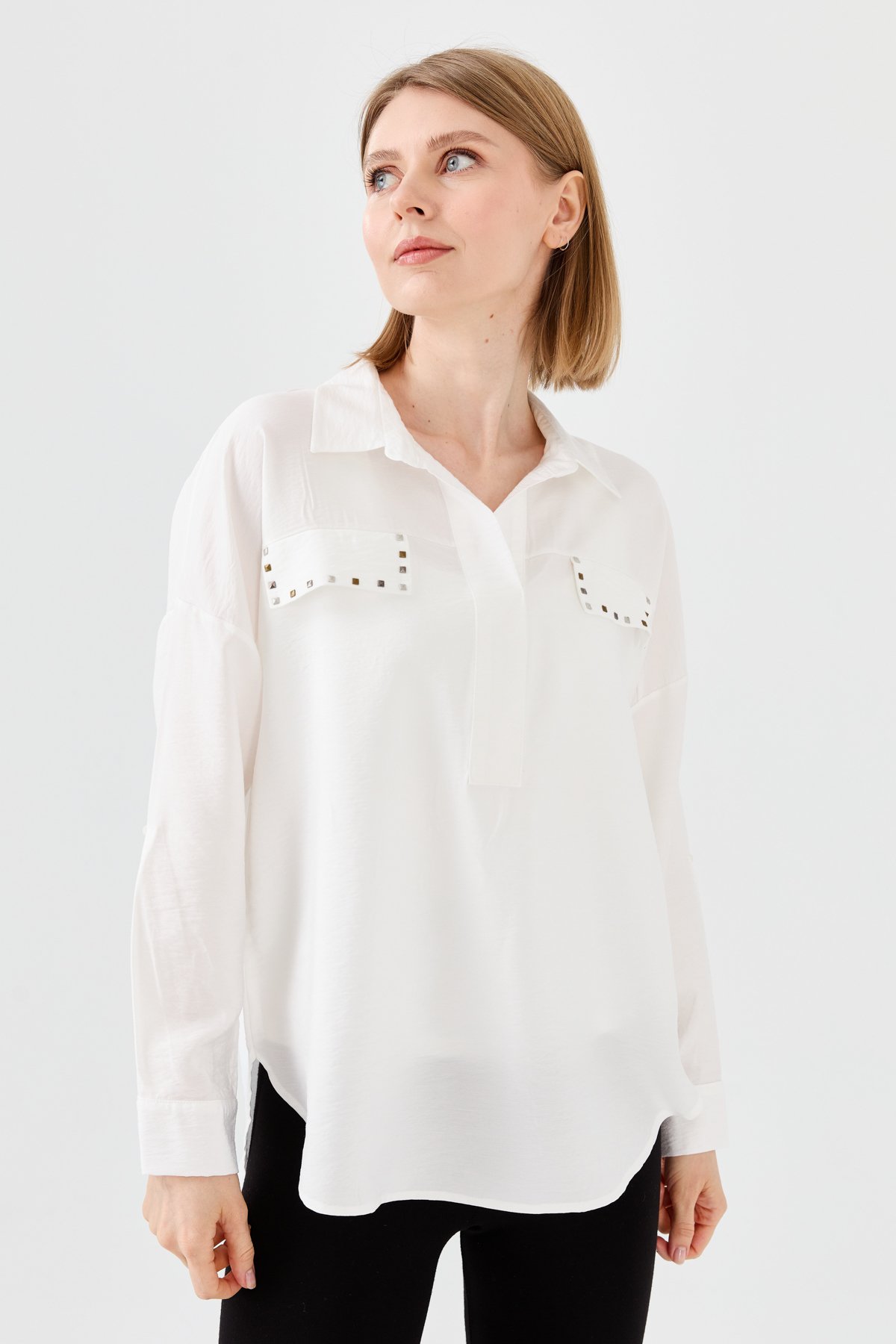 23485Kadın Polo Yaka Cepli Bluz Ekru