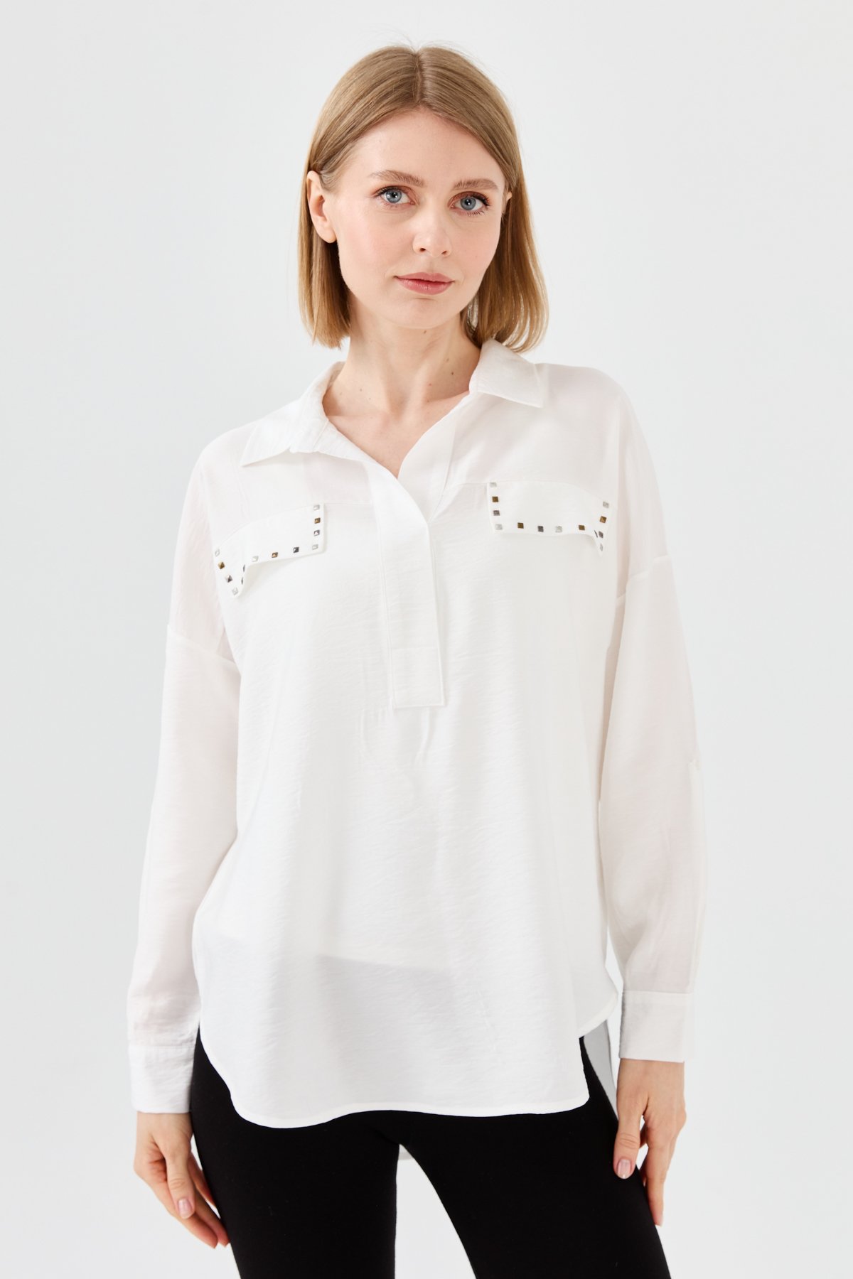 23485Kadın Polo Yaka Cepli Bluz Ekru