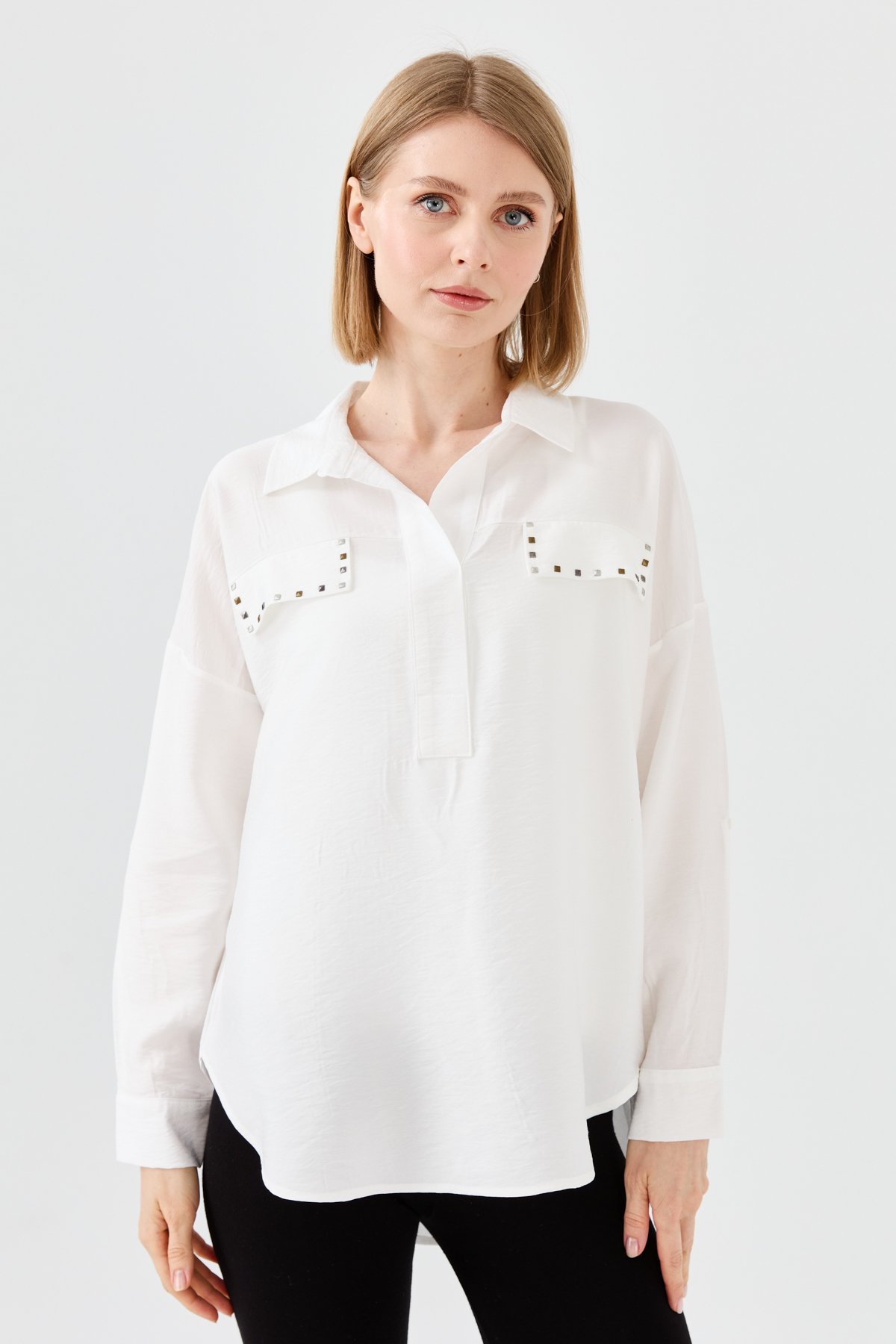 23485Kadın Polo Yaka Cepli Bluz Ekru