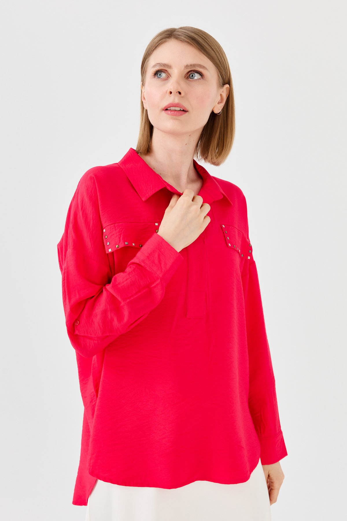 23485Kadın Polo Yaka Cepli Bluz Fuşya