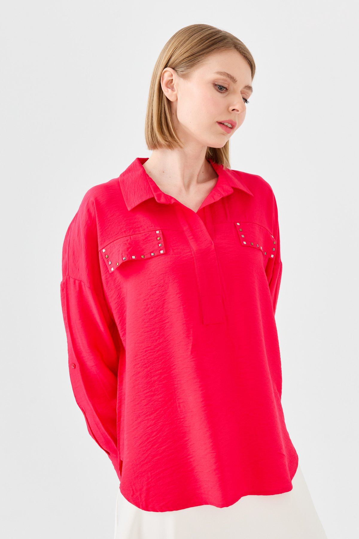 23485Kadın Polo Yaka Cepli Bluz Fuşya