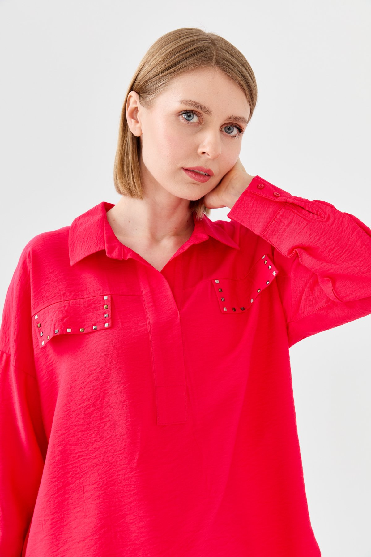 23485Kadın Polo Yaka Cepli Bluz Fuşya