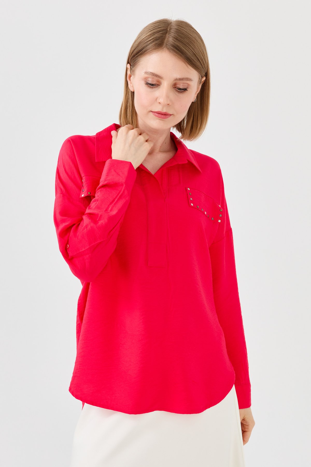 23485Kadın Polo Yaka Cepli Bluz Fuşya