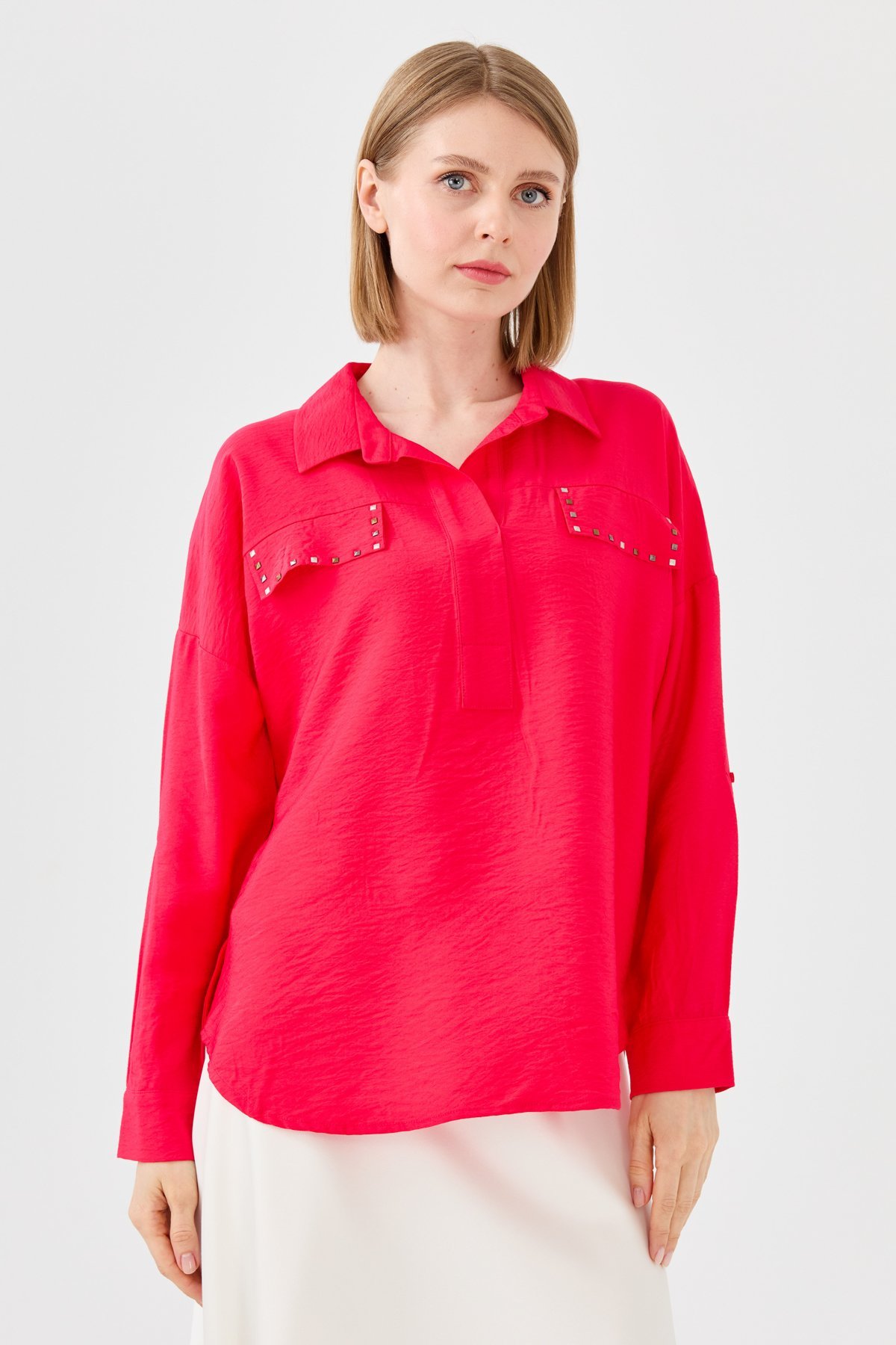 23485Kadın Polo Yaka Cepli Bluz Fuşya