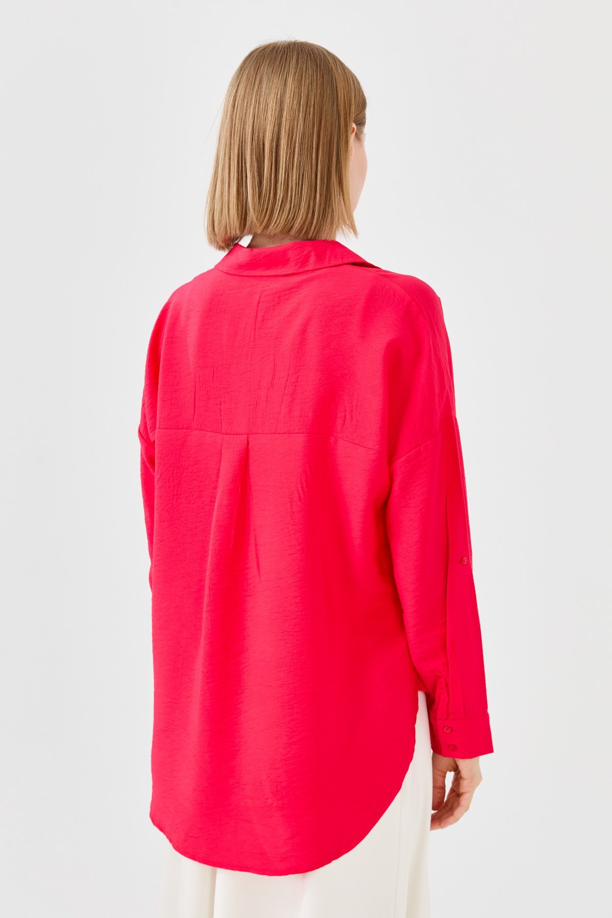 23485Kadın Polo Yaka Cepli Bluz Fuşya