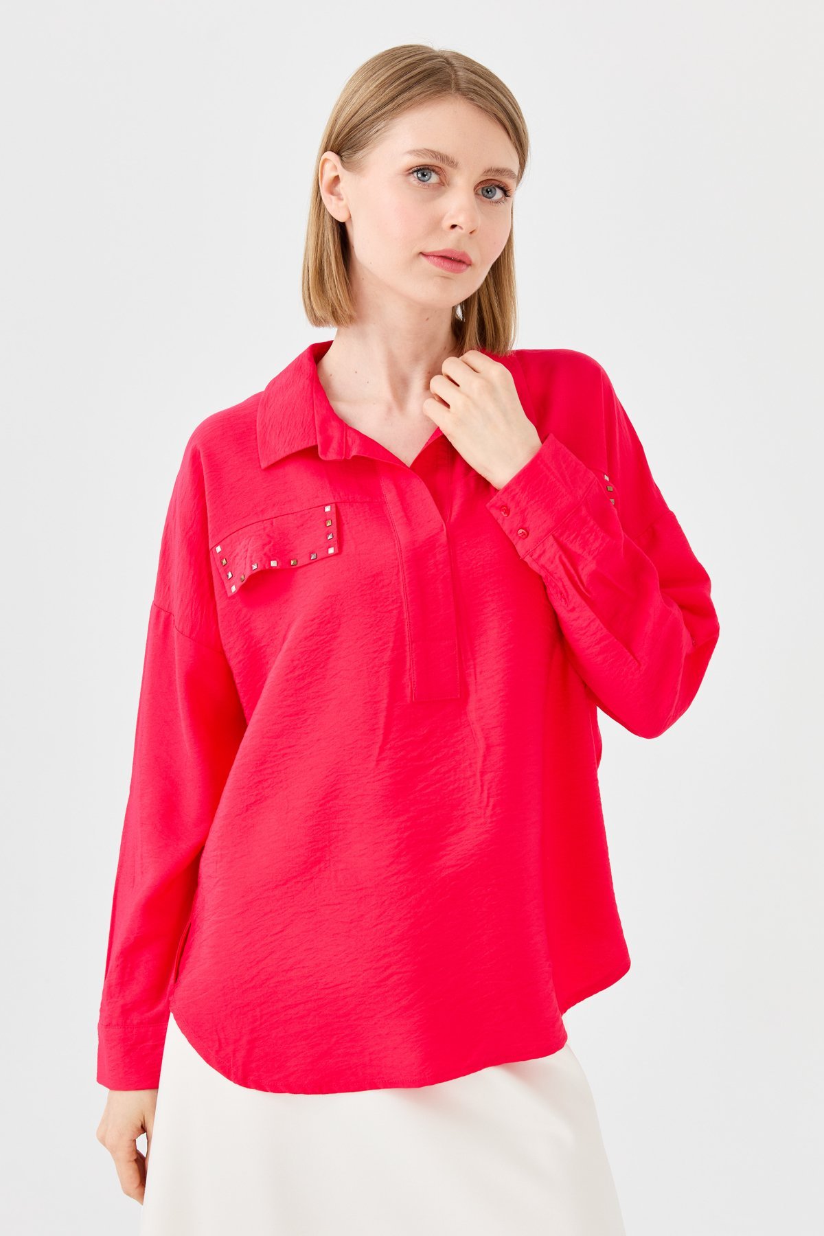 23485Kadın Polo Yaka Cepli Bluz Fuşya