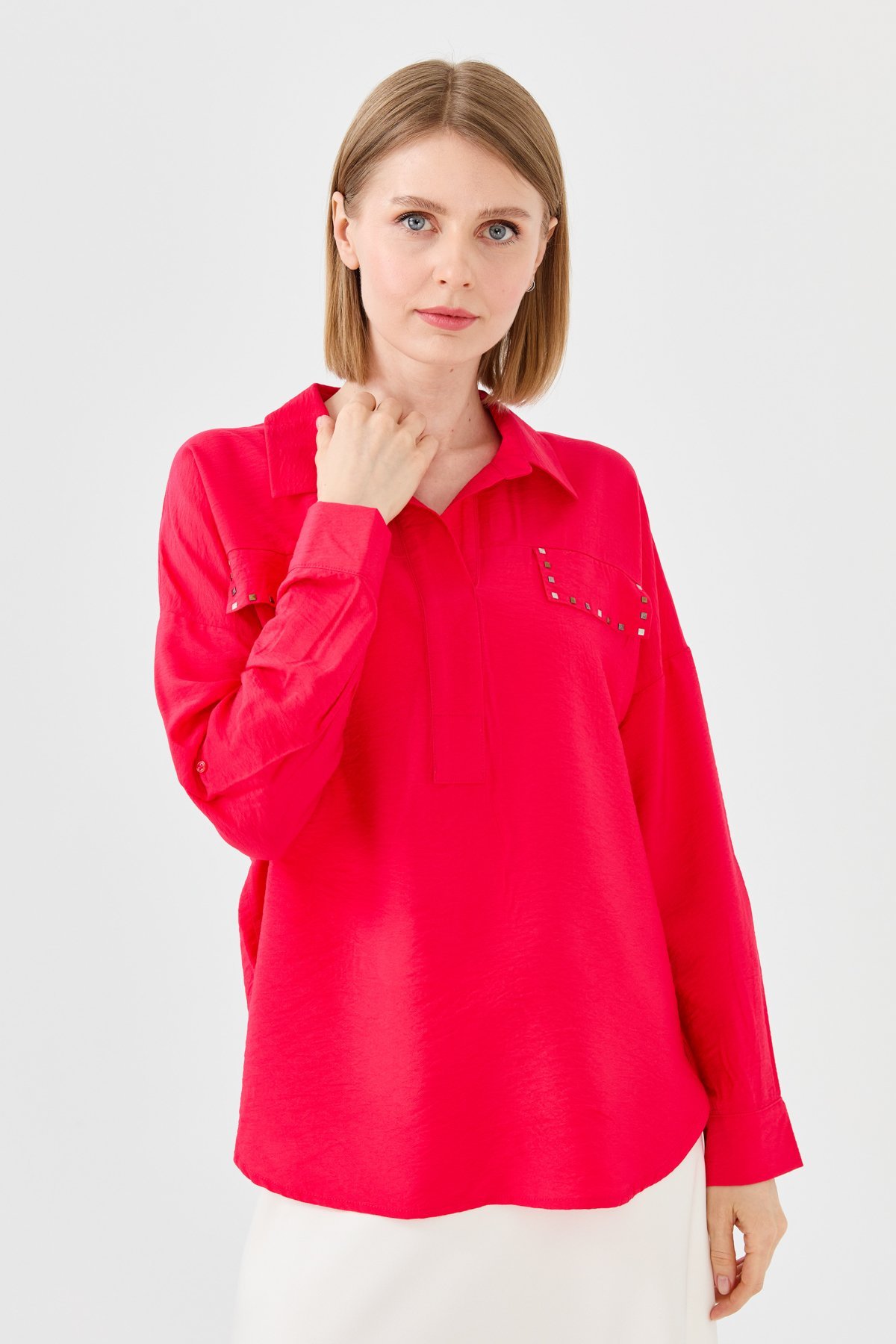 23485Kadın Polo Yaka Cepli Bluz Fuşya