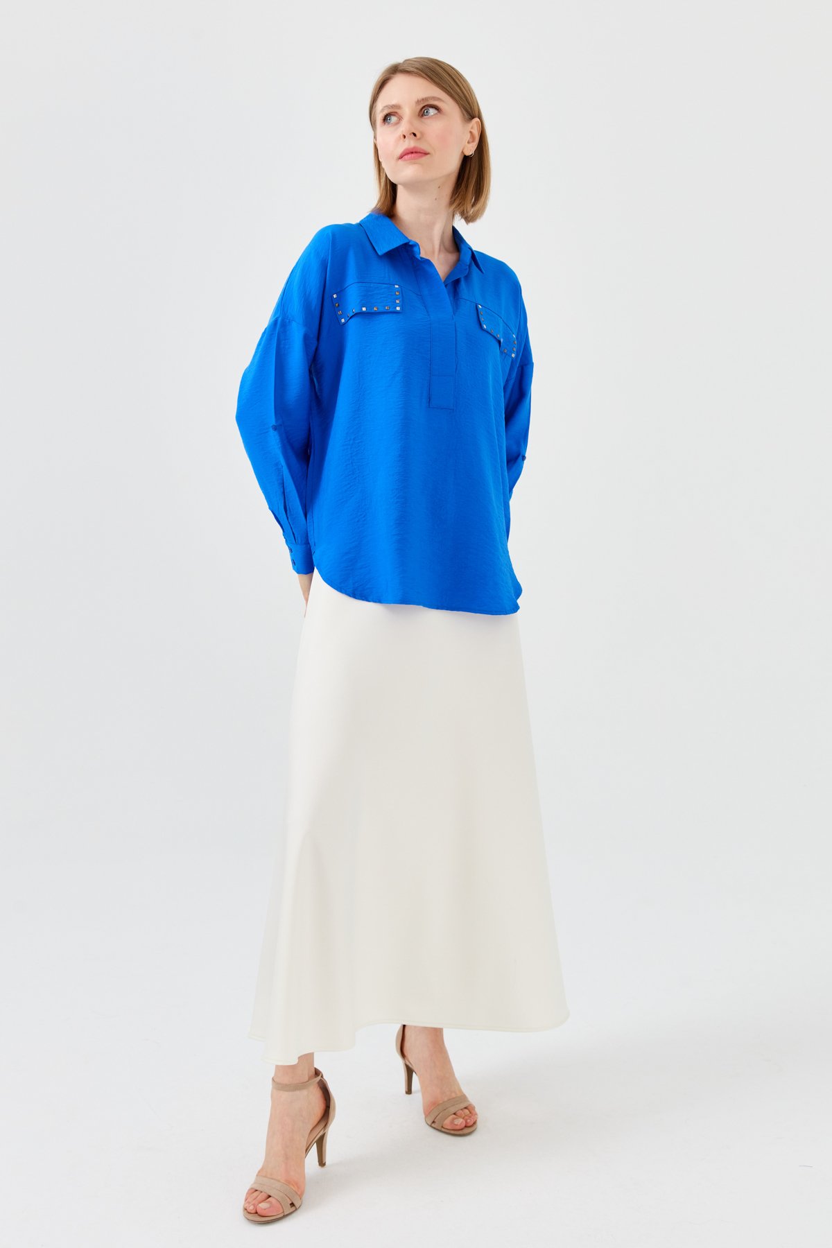 23485Kadın Polo Yaka Cepli Bluz Saks