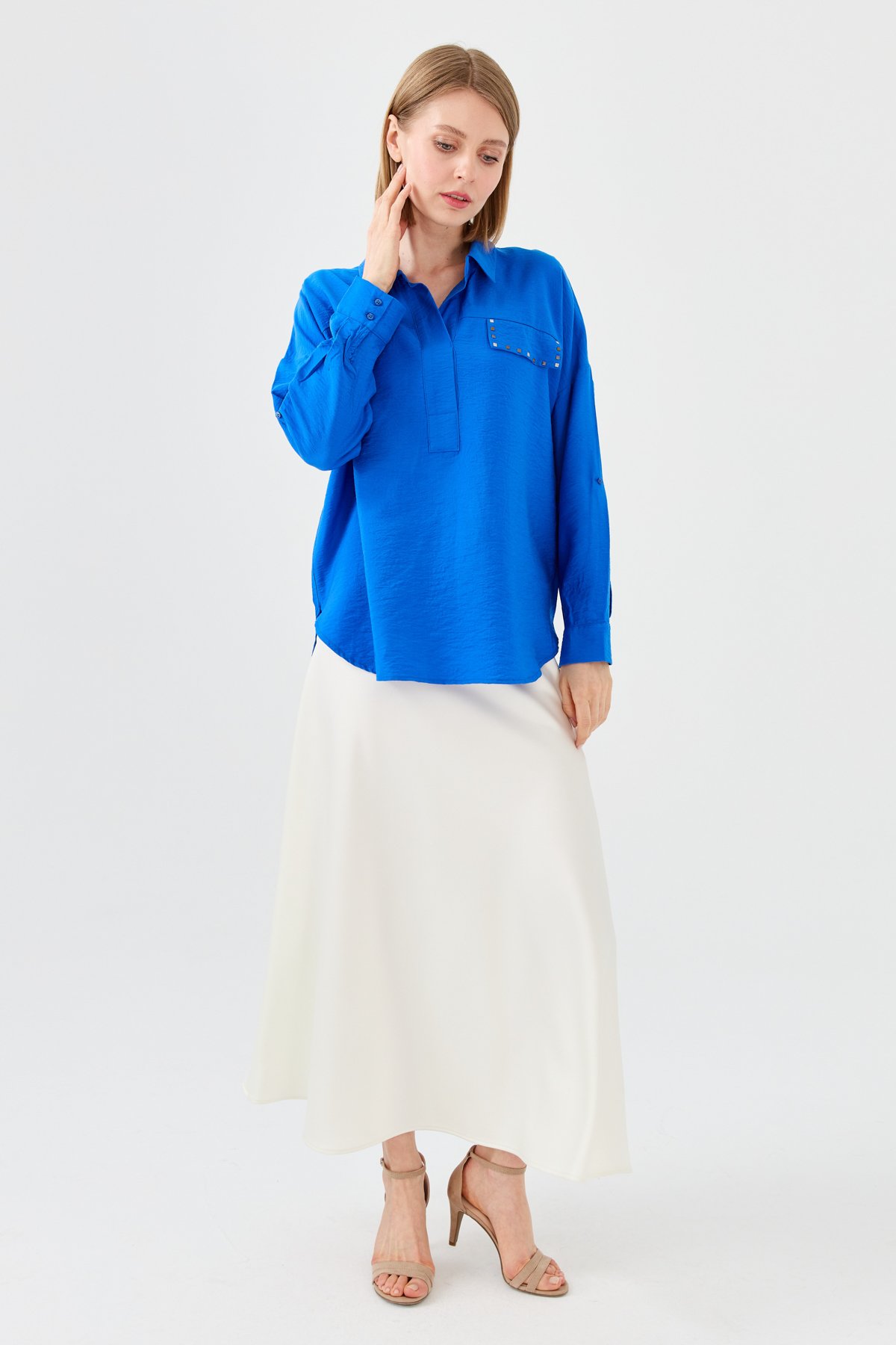 23485Kadın Polo Yaka Cepli Bluz Saks