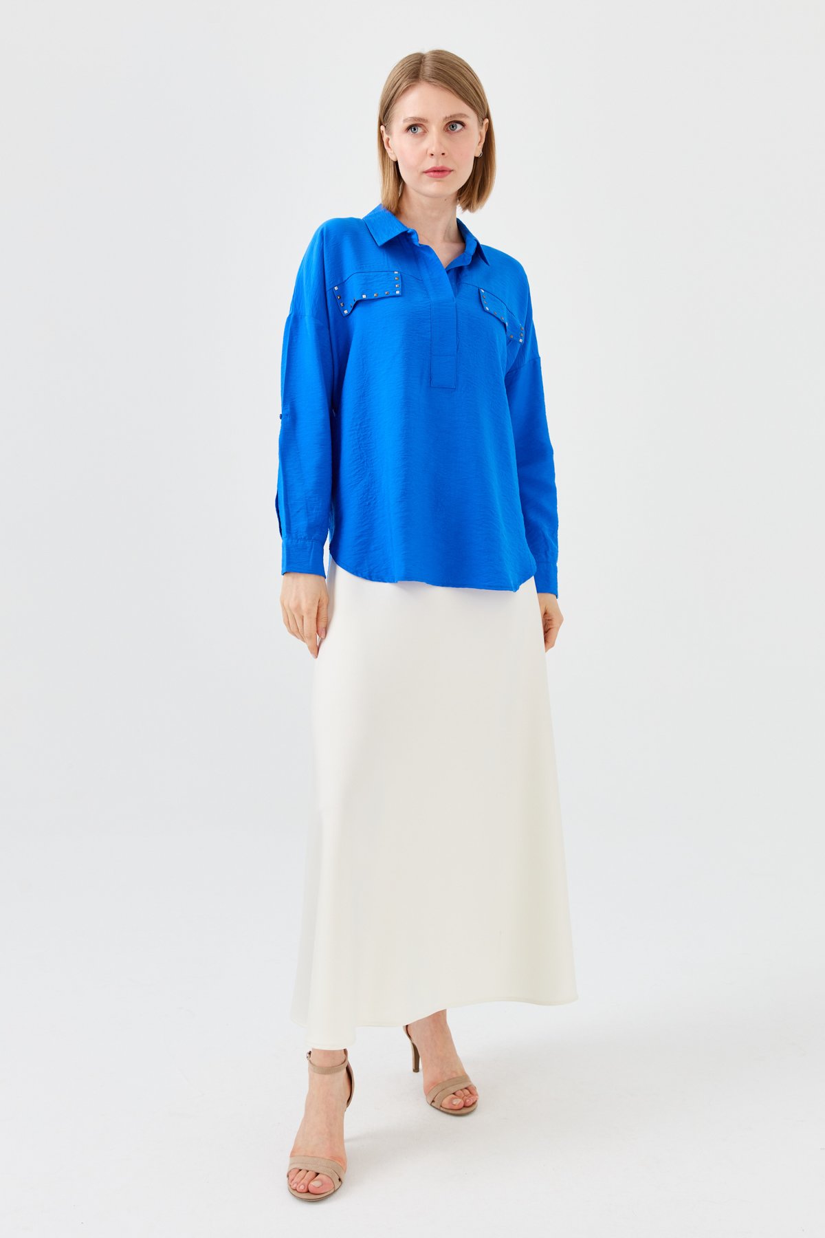 23485Kadın Polo Yaka Cepli Bluz Saks