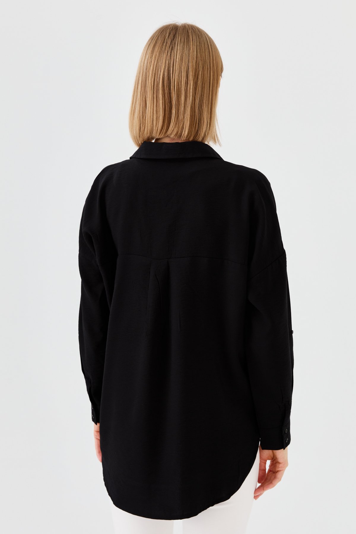 23485Kadın Polo Yaka Cepli Bluz Siyah