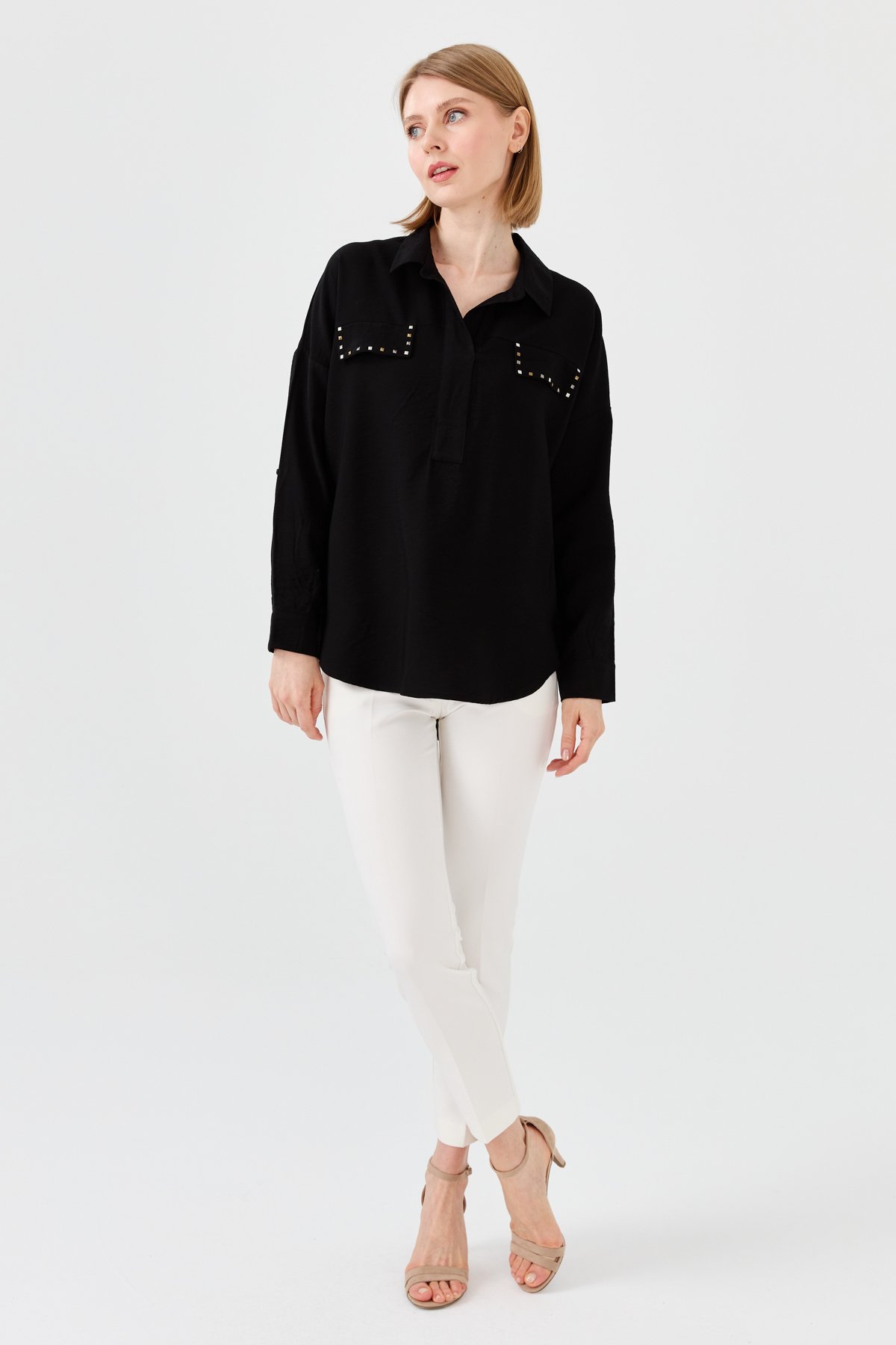 23485Kadın Polo Yaka Cepli Bluz Siyah