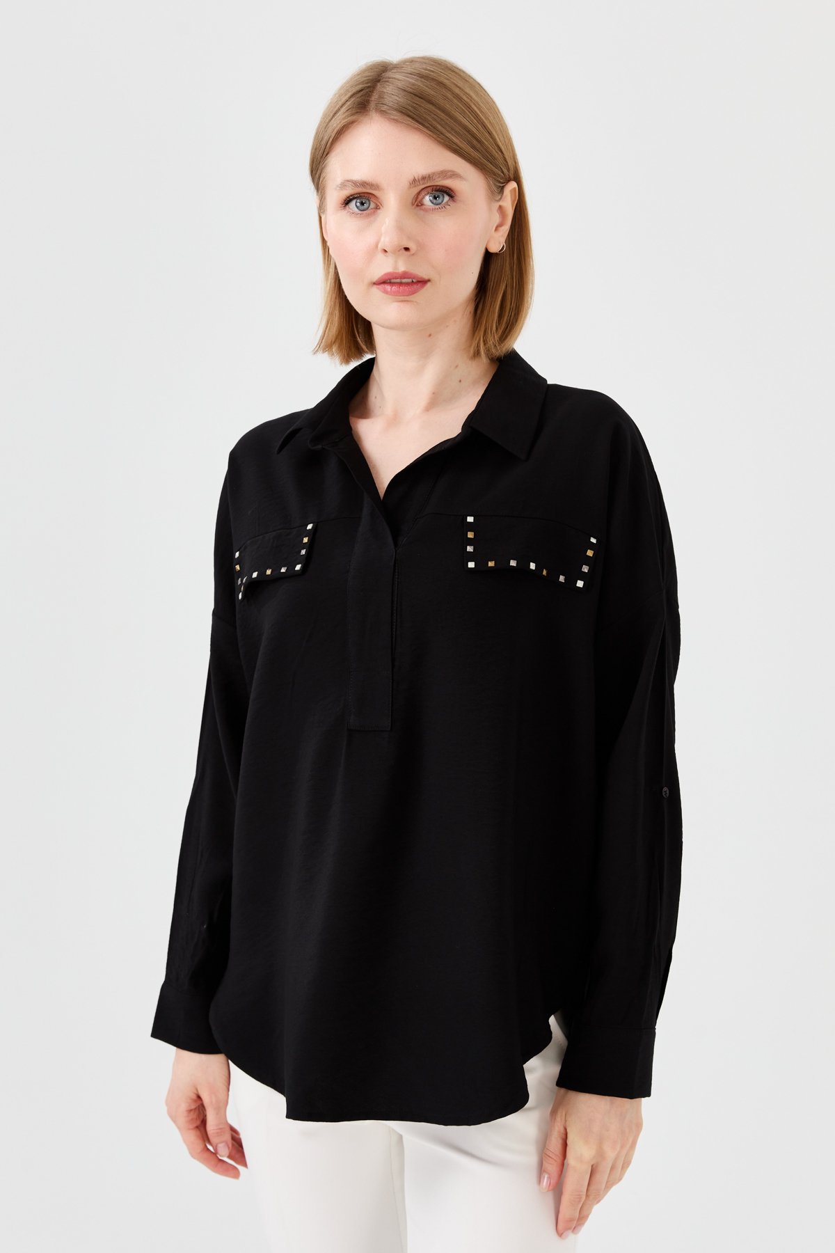 23485Kadın Polo Yaka Cepli Bluz Siyah