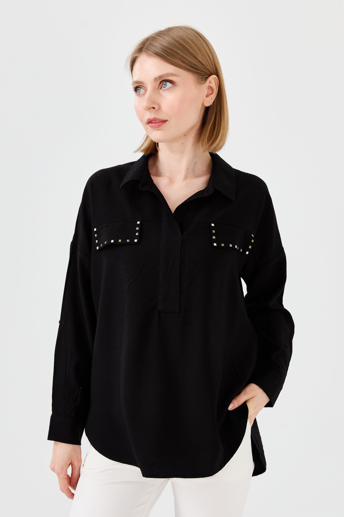 23485Kadın Polo Yaka Cepli Bluz Siyah