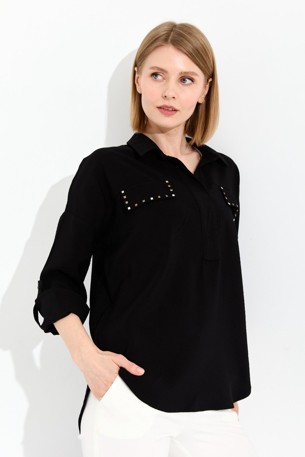 23485Kadın Polo Yaka Cepli Bluz Siyah