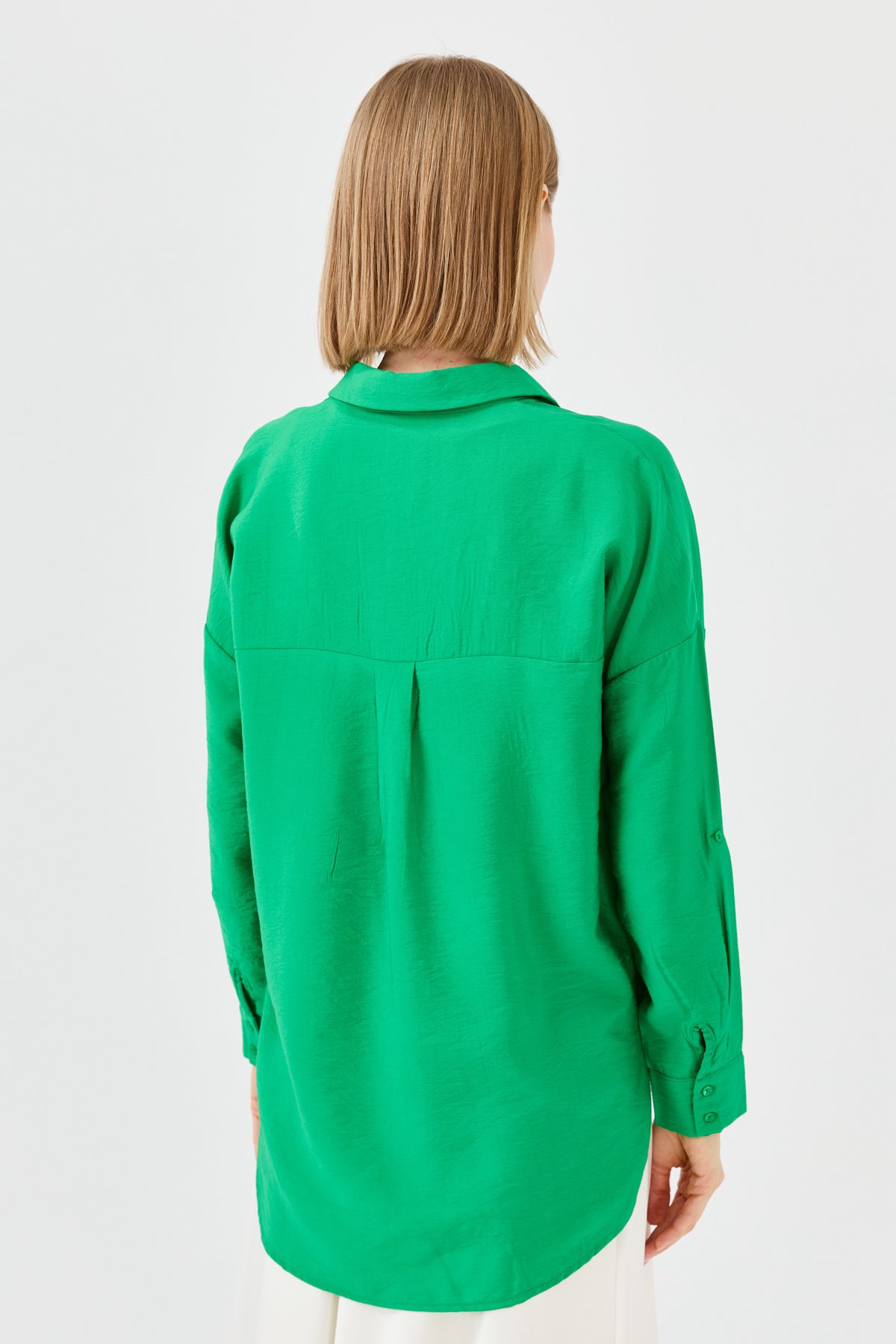 23485Kadın Polo Yaka Cepli Bluz Yeşil