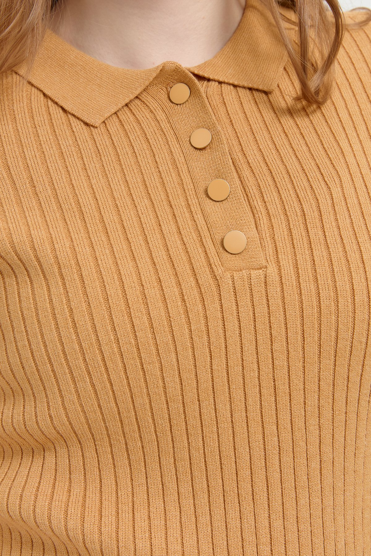 24182Kadın Polo Yaka Dikişsiz Kazak Camel