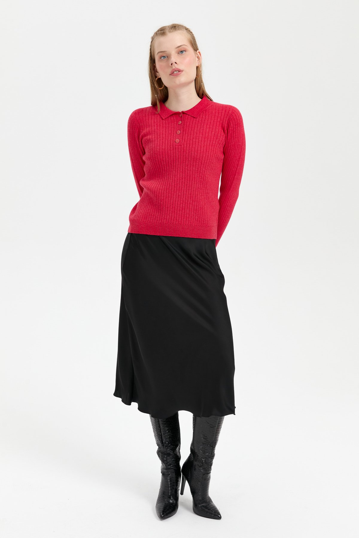 24182Kadın Polo Yaka Dikişsiz Kazak Kırmızı