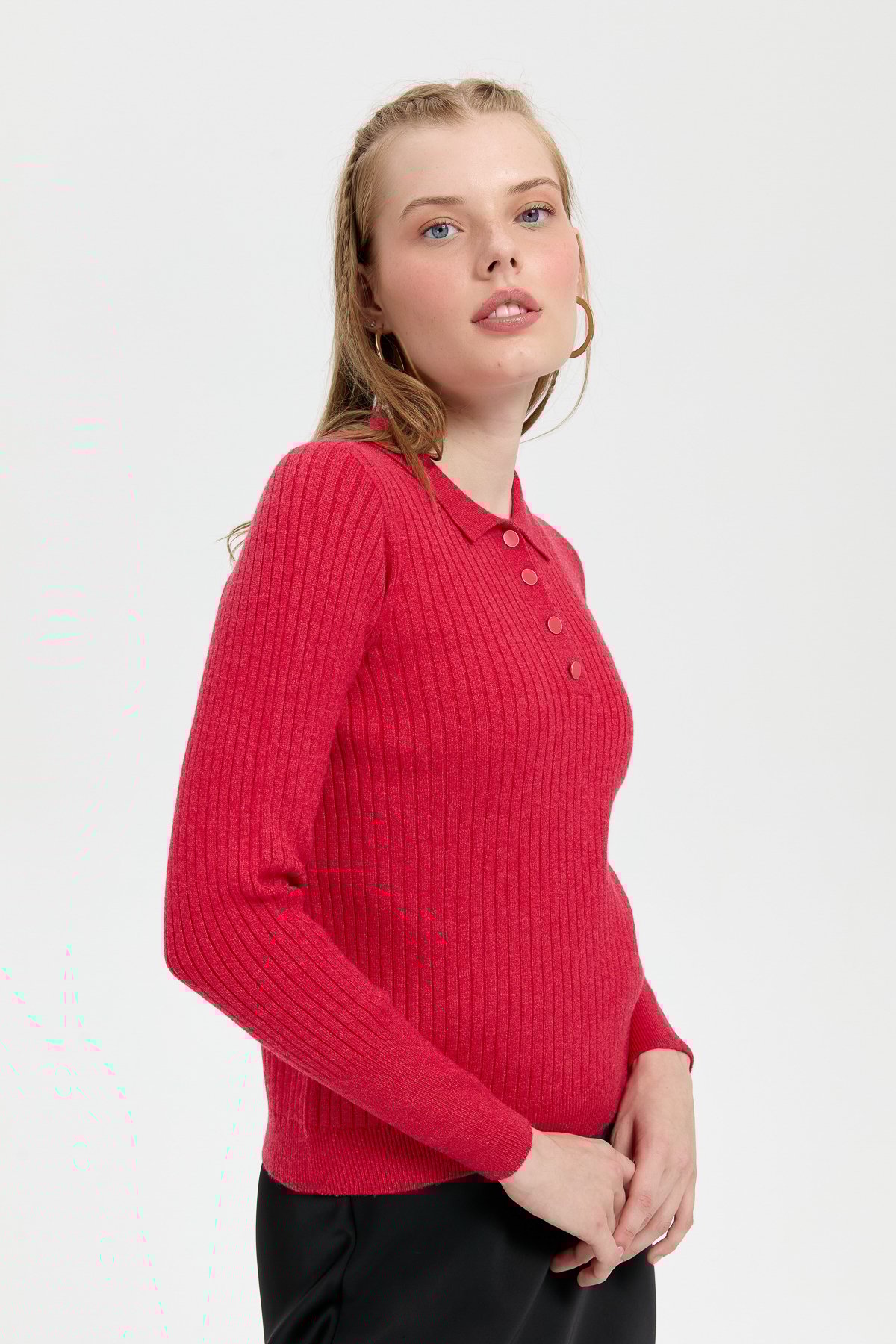 24182Kadın Polo Yaka Dikişsiz Kazak Kırmızı