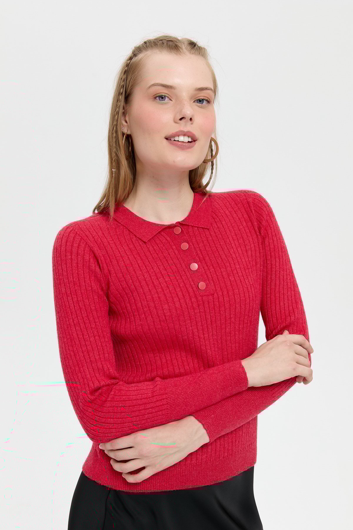 24182Kadın Polo Yaka Dikişsiz Kazak Kırmızı