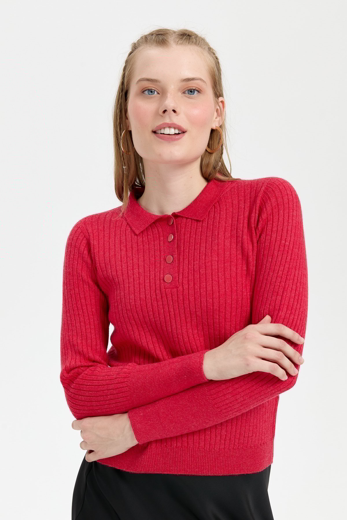 24182Kadın Polo Yaka Dikişsiz Kazak Kırmızı