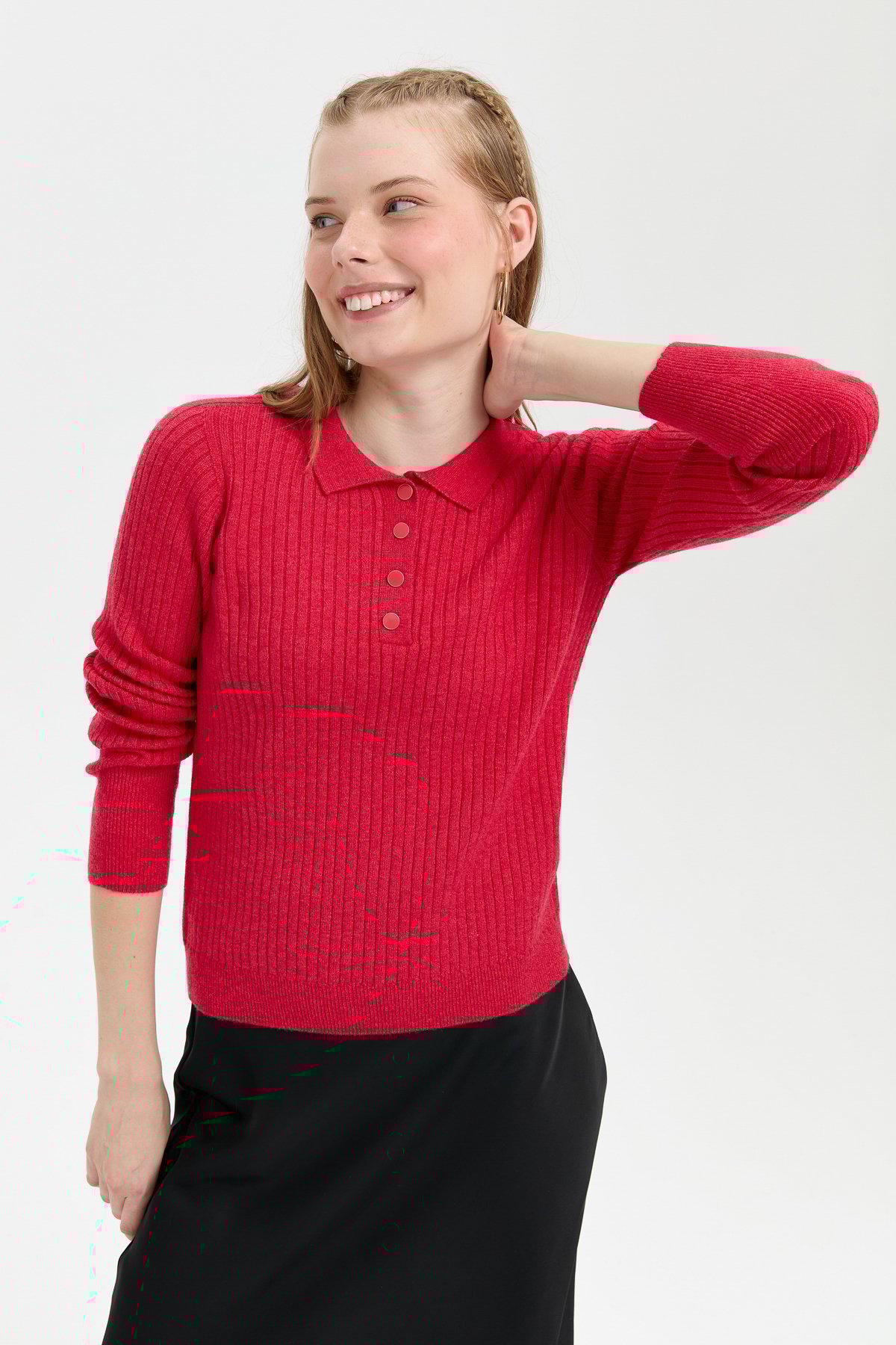 24182Kadın Polo Yaka Dikişsiz Kazak Kırmızı