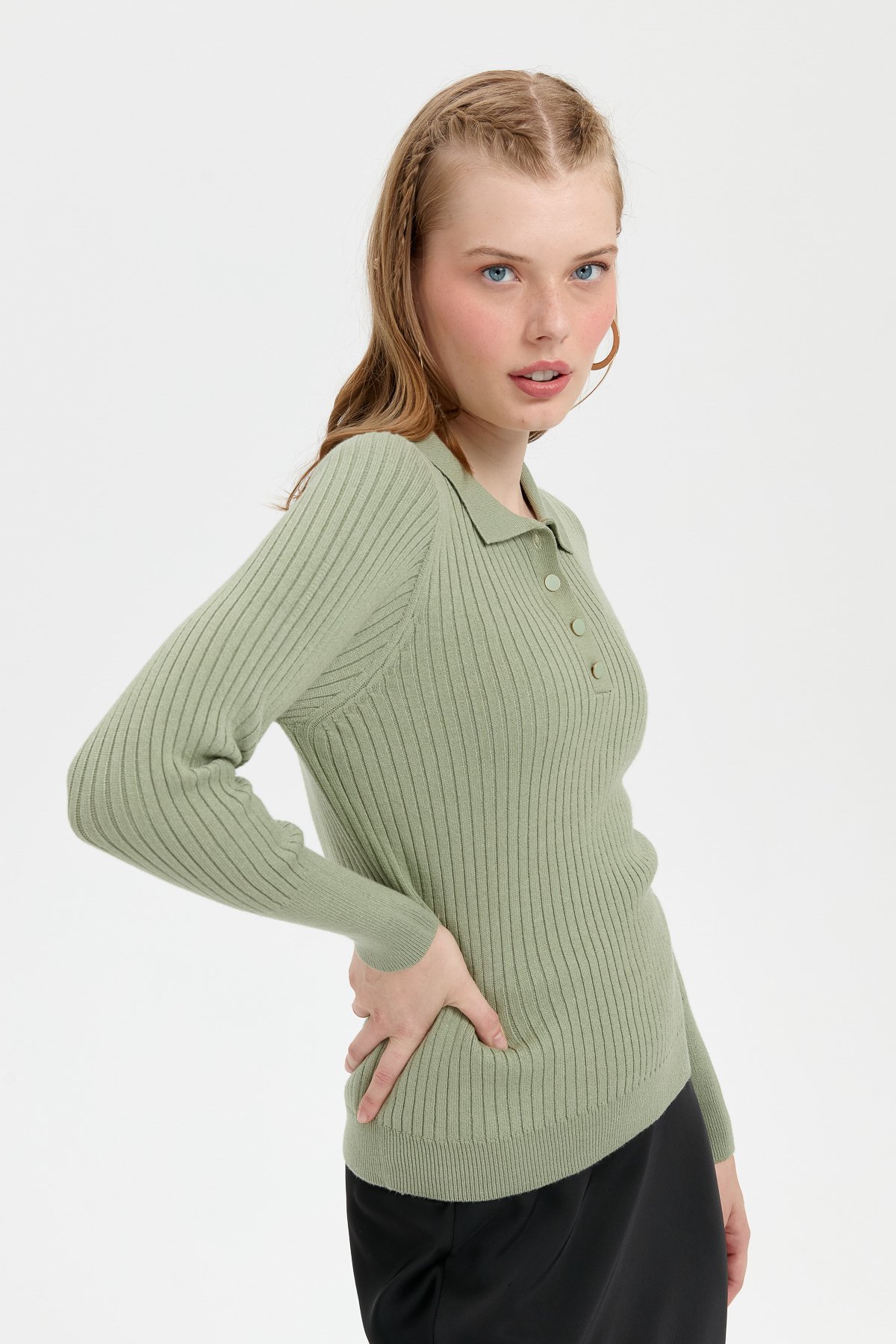 24182Kadın Polo Yaka Dikişsiz Kazak Mint