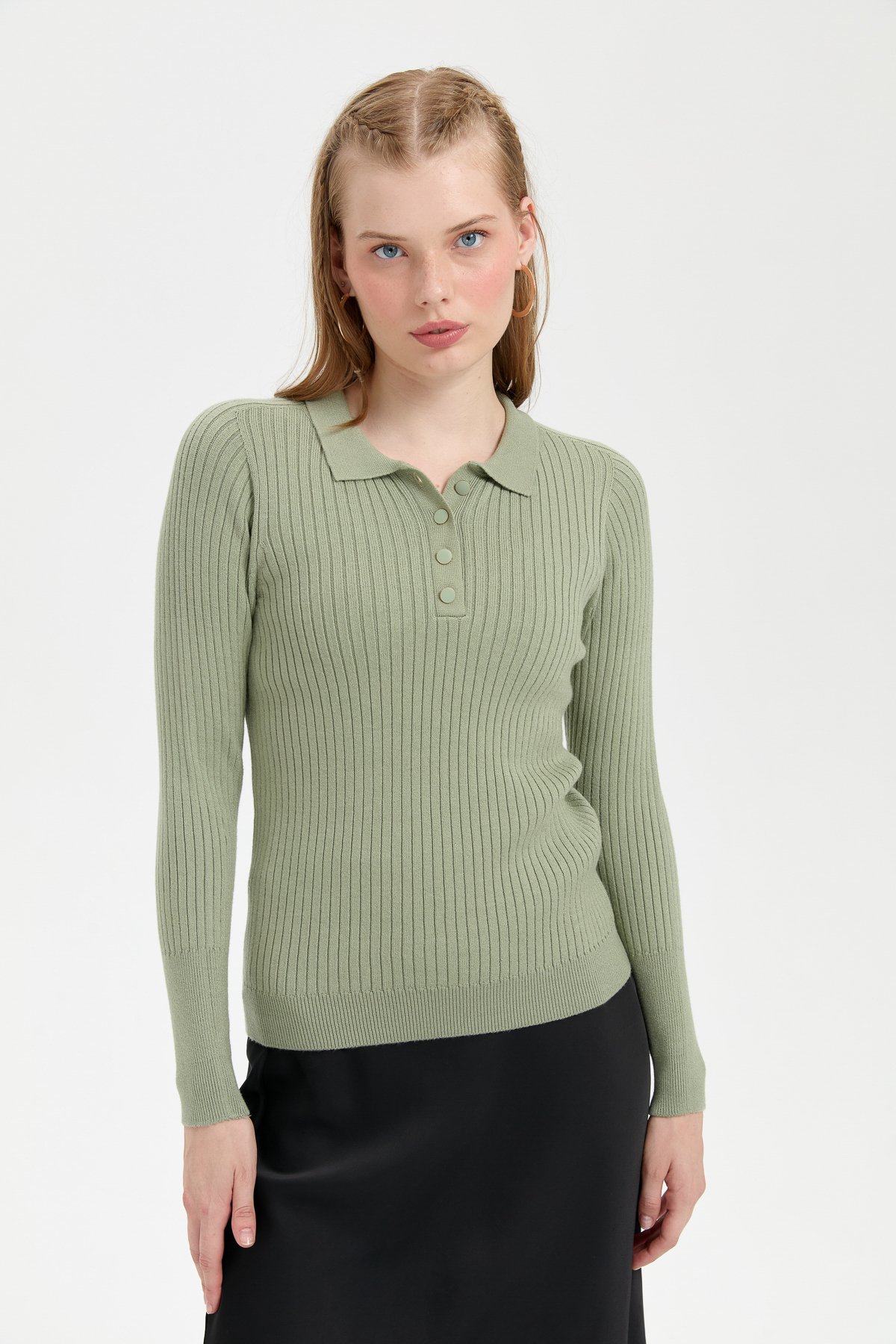 24182Kadın Polo Yaka Dikişsiz Kazak Mint