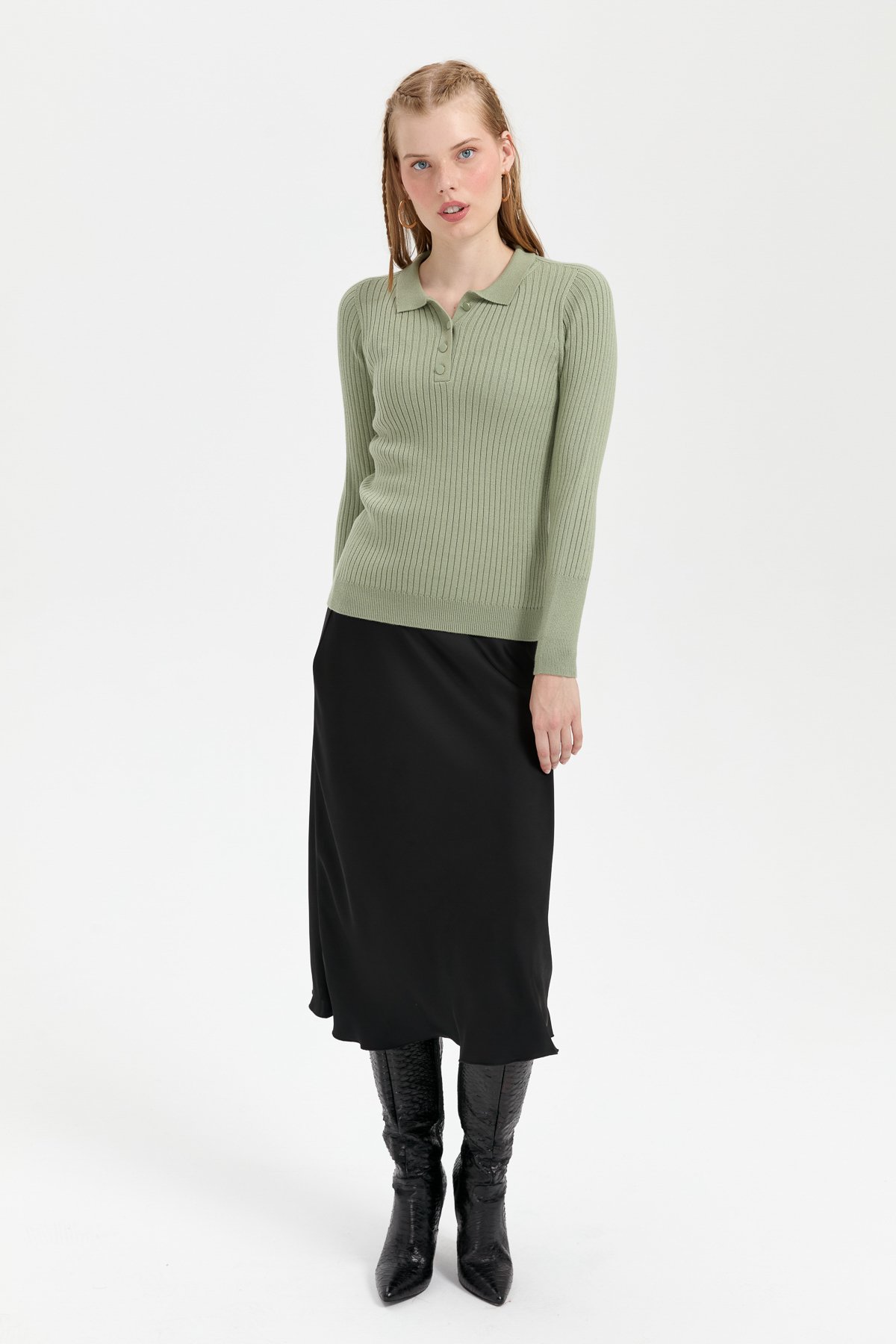 24182Kadın Polo Yaka Dikişsiz Kazak Mint