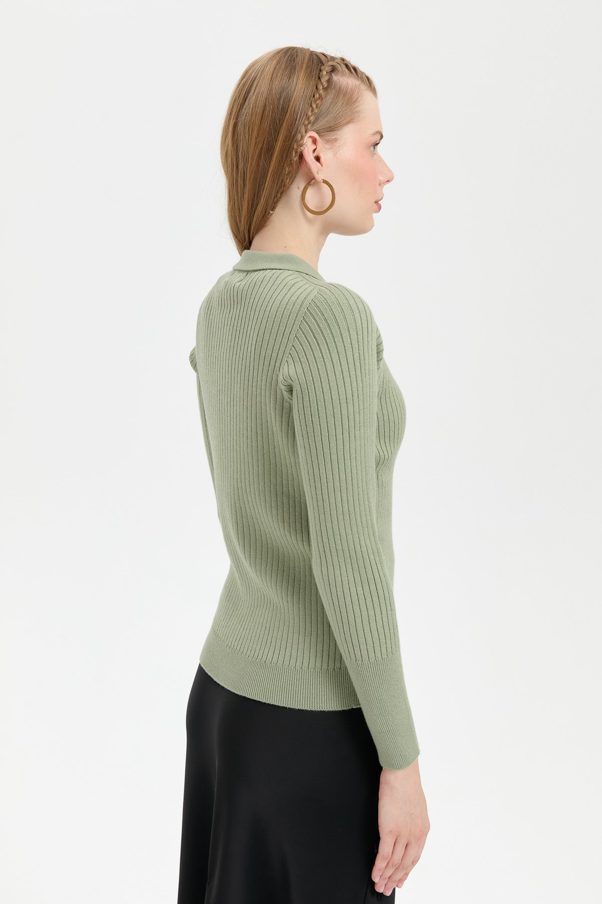 24182Kadın Polo Yaka Dikişsiz Kazak Mint