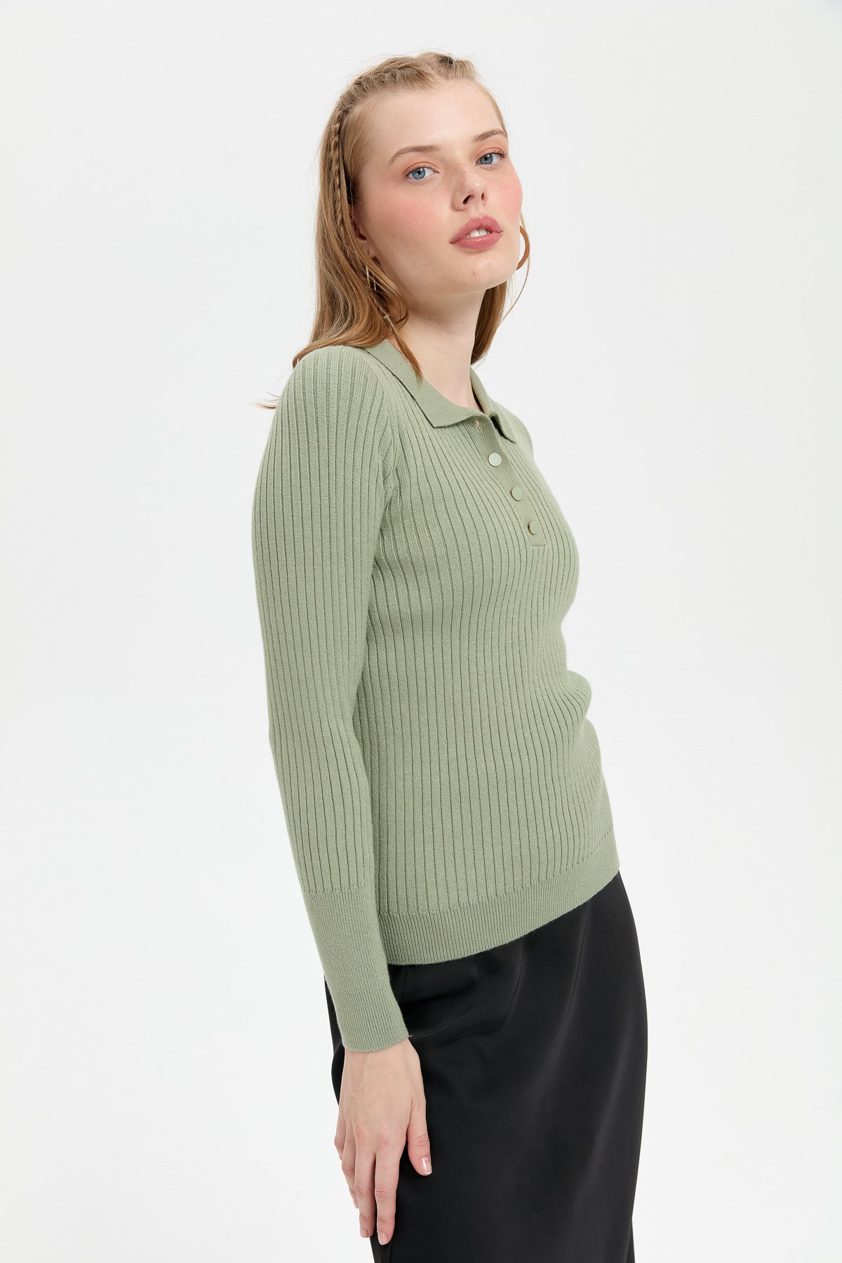 24182Kadın Polo Yaka Dikişsiz Kazak Mint