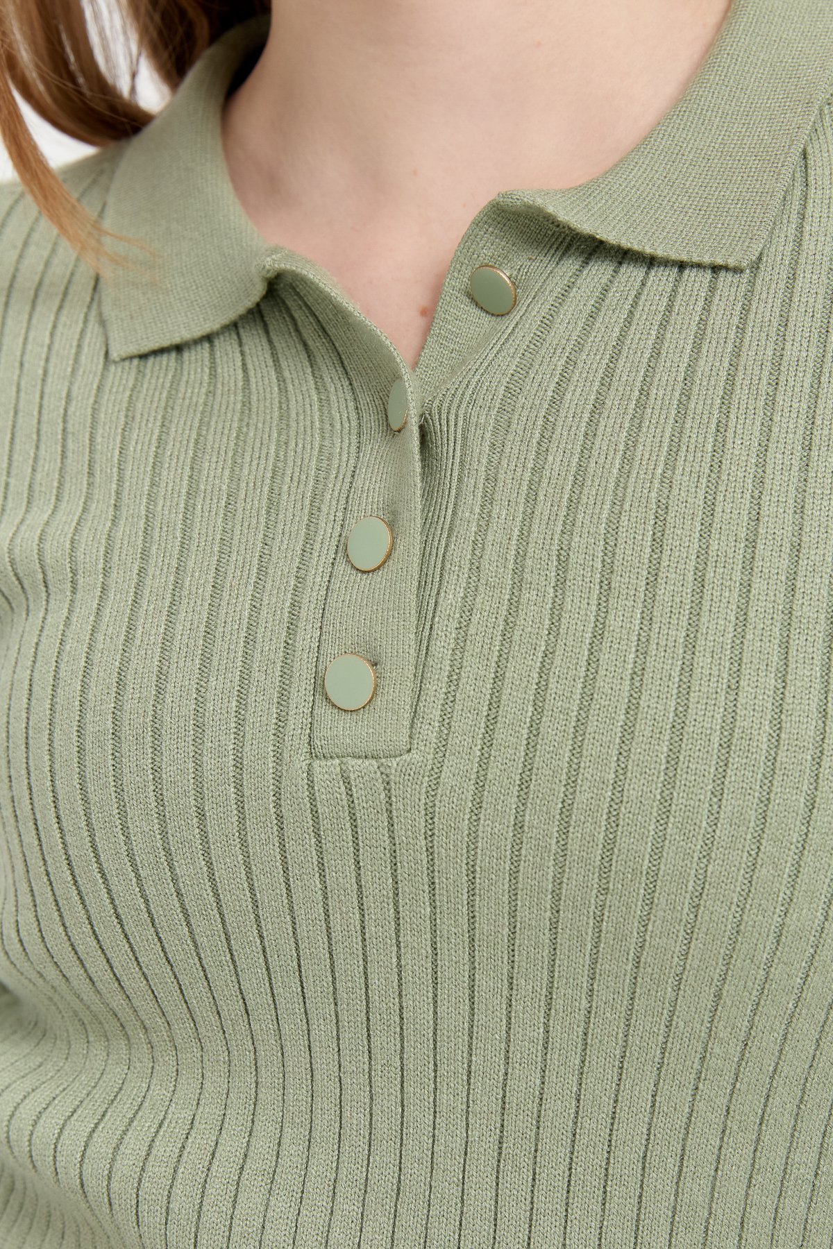 24182Kadın Polo Yaka Dikişsiz Kazak Mint