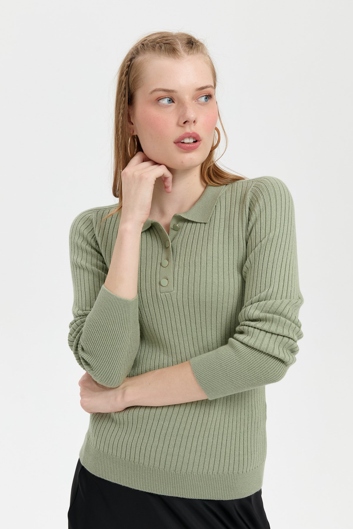 24182Kadın Polo Yaka Dikişsiz Kazak Mint