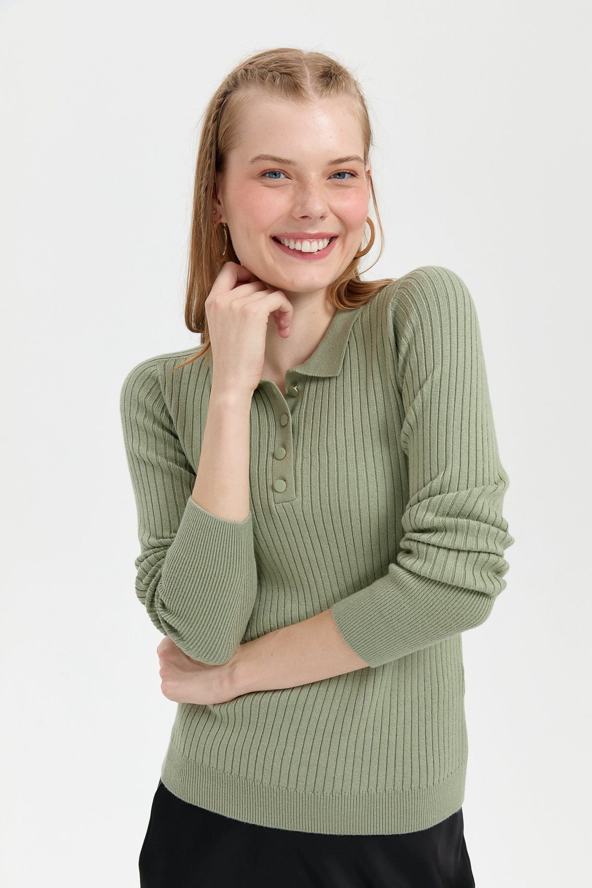 24182Kadın Polo Yaka Dikişsiz Kazak Mint