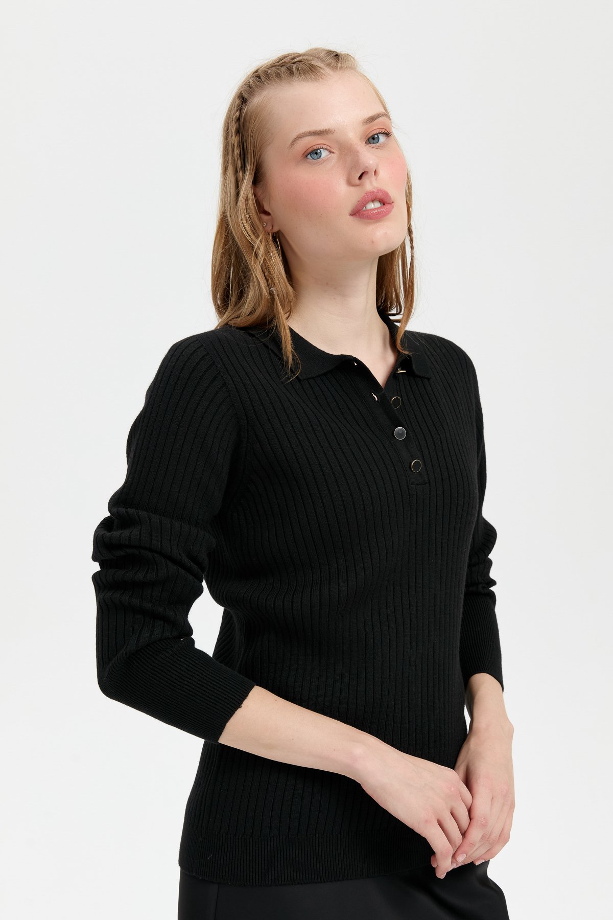 24182Kadın Polo Yaka Dikişsiz Kazak Siyah