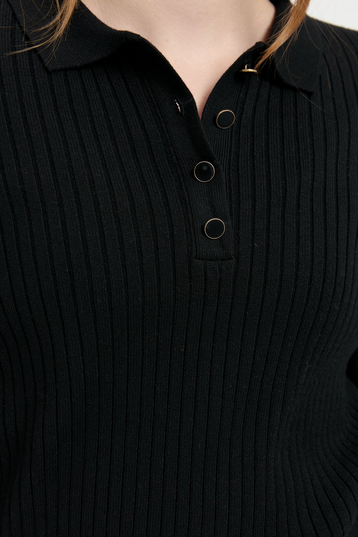 24182Kadın Polo Yaka Dikişsiz Kazak Siyah