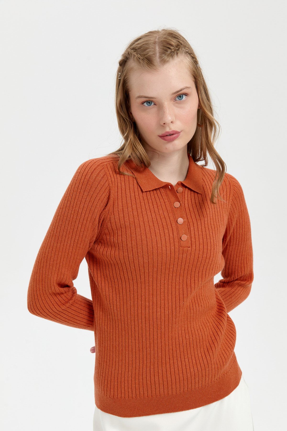 24182Kadın Polo Yaka Dikişsiz Kazak Turuncu