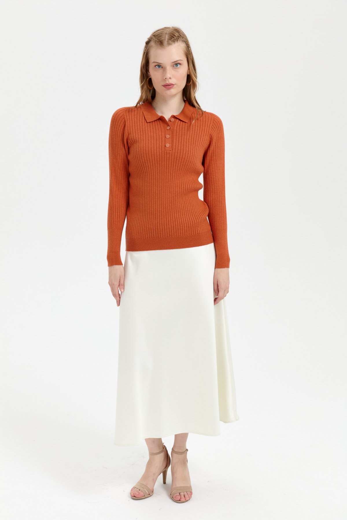 24182Kadın Polo Yaka Dikişsiz Kazak Turuncu