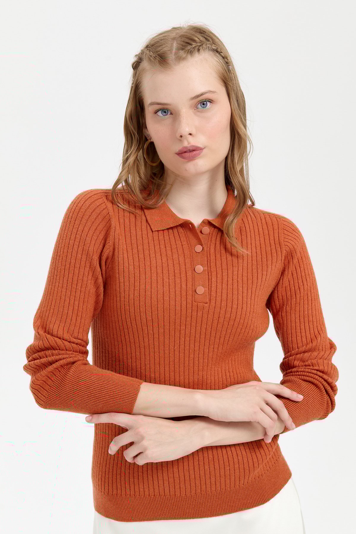 24182Kadın Polo Yaka Dikişsiz Kazak Turuncu