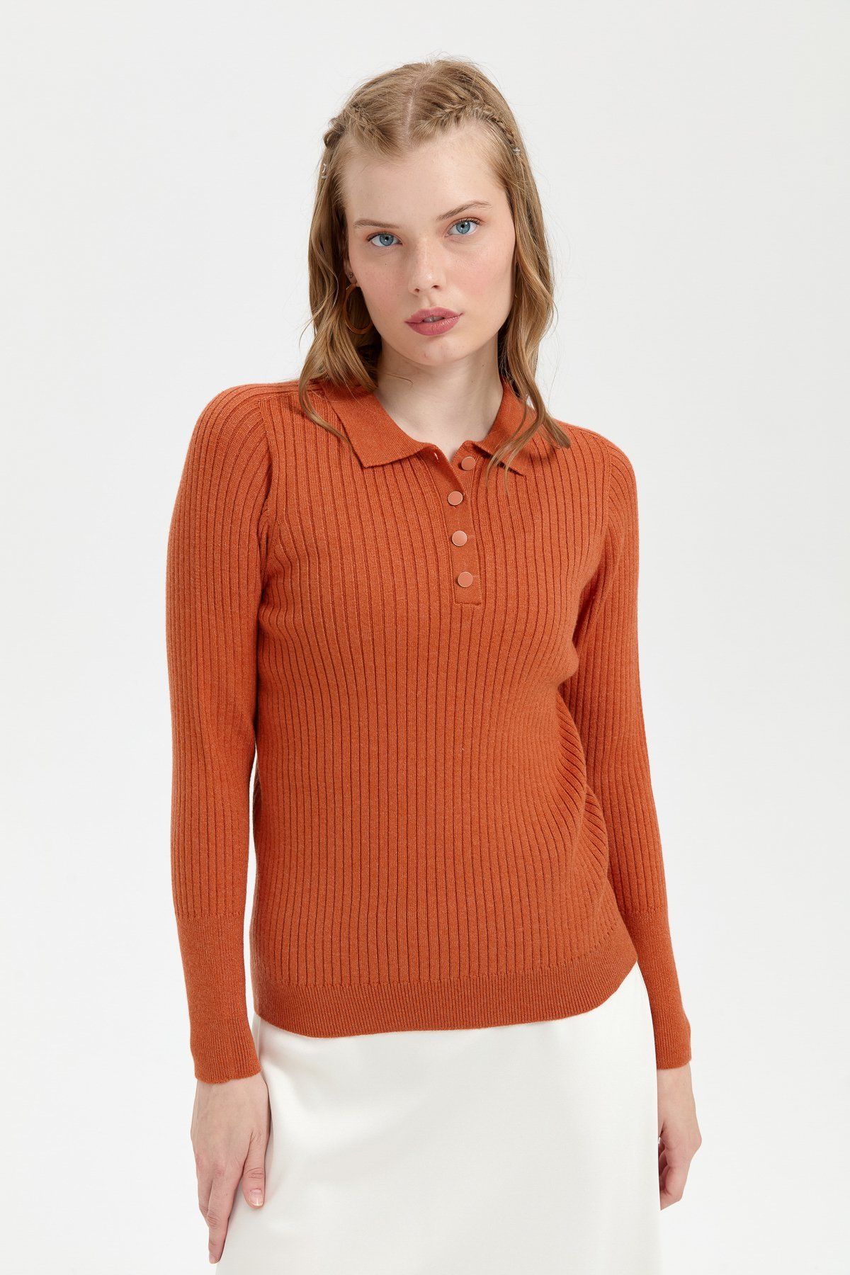 24182Kadın Polo Yaka Dikişsiz Kazak Turuncu