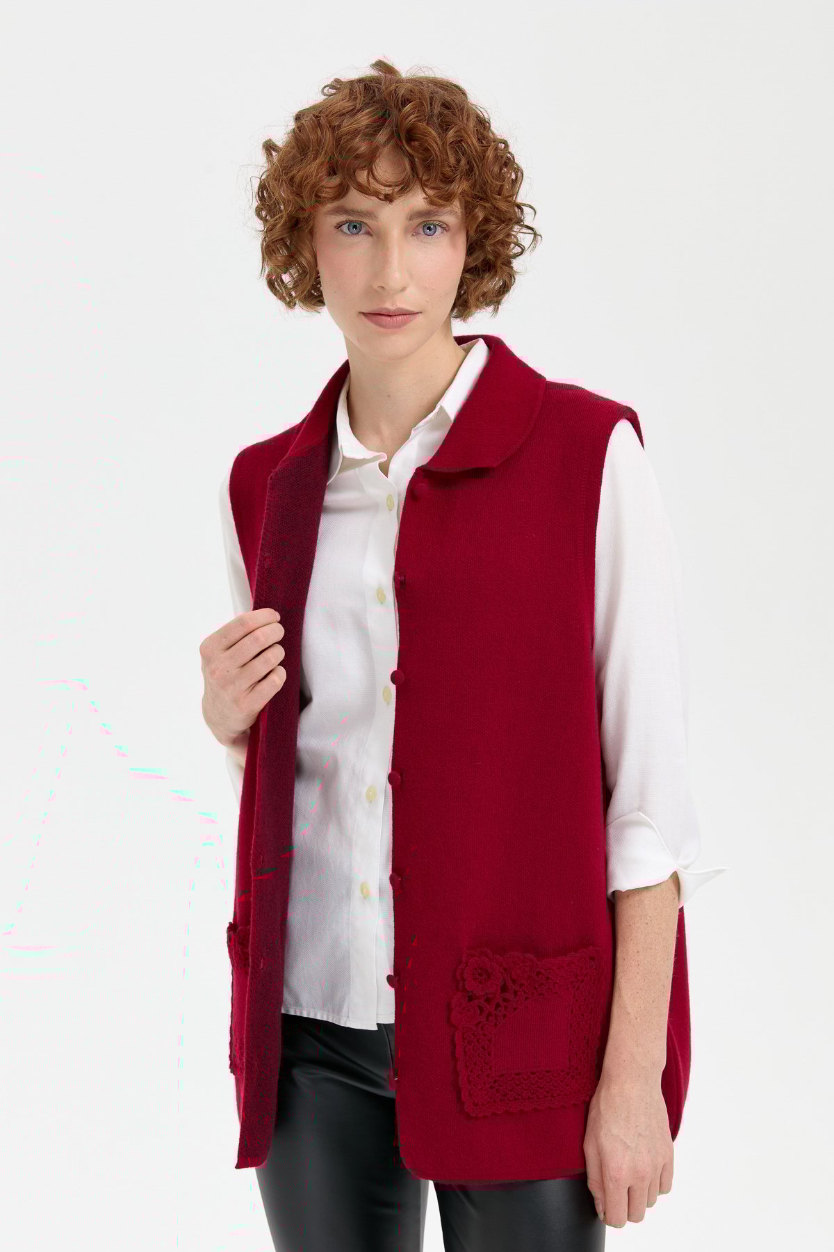 24014Kadın Polo Yaka Düğmeli Kısa Yün Yelek V.Çürüğü