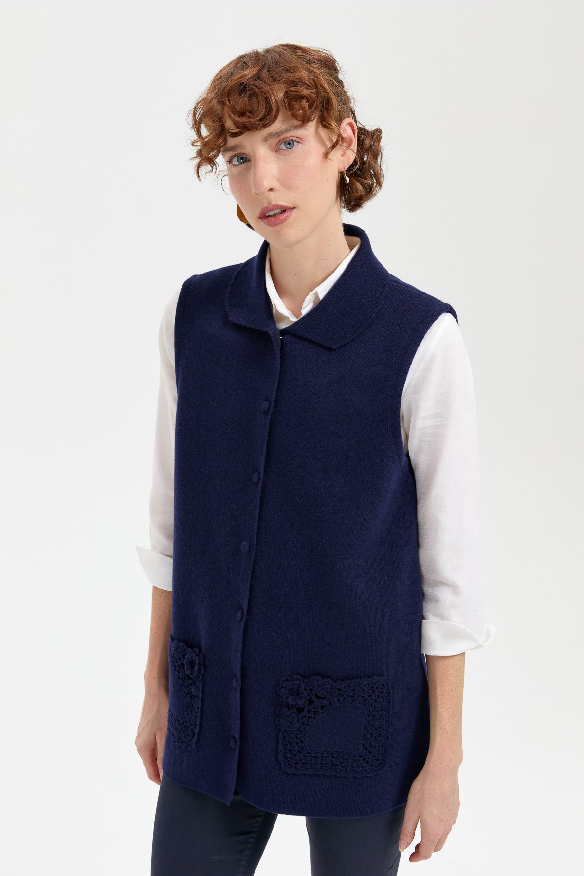 24014Kadın Polo Yaka Düğmeli Kısa Yün Yelek Y.A Lacivert