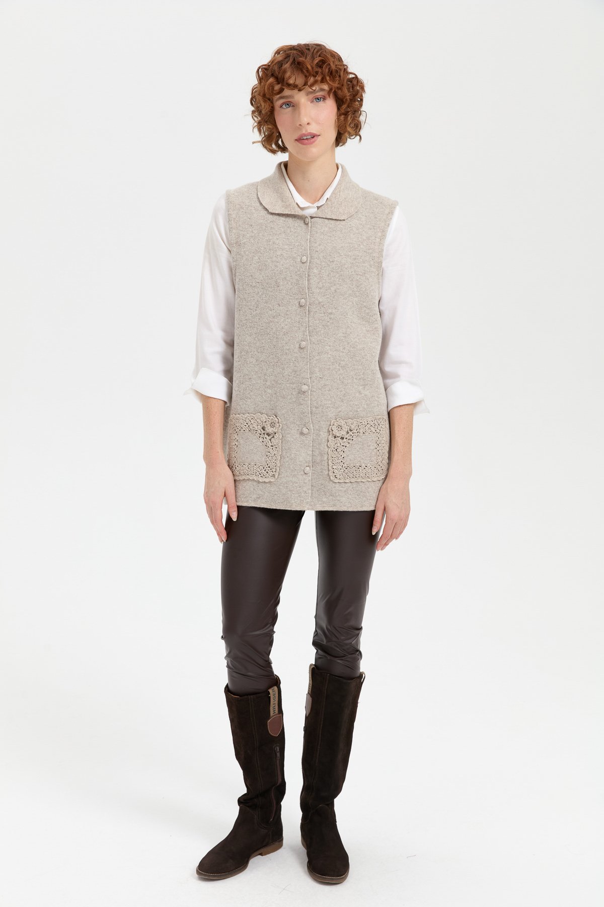 24014Kadın Polo Yaka Düğmeli Kısa Yün Yelek V.Bej